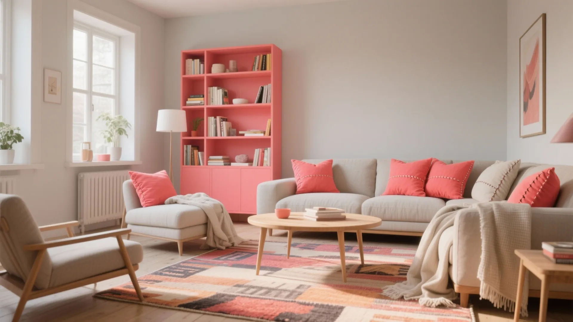 Bright living room with pink bookshelf beige sofa pink pillows and a colorful patterned floor rug