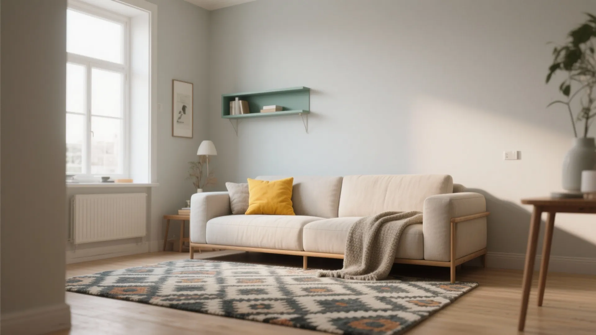Living room with soft greige walls, colorful cushions and a patterned rug.