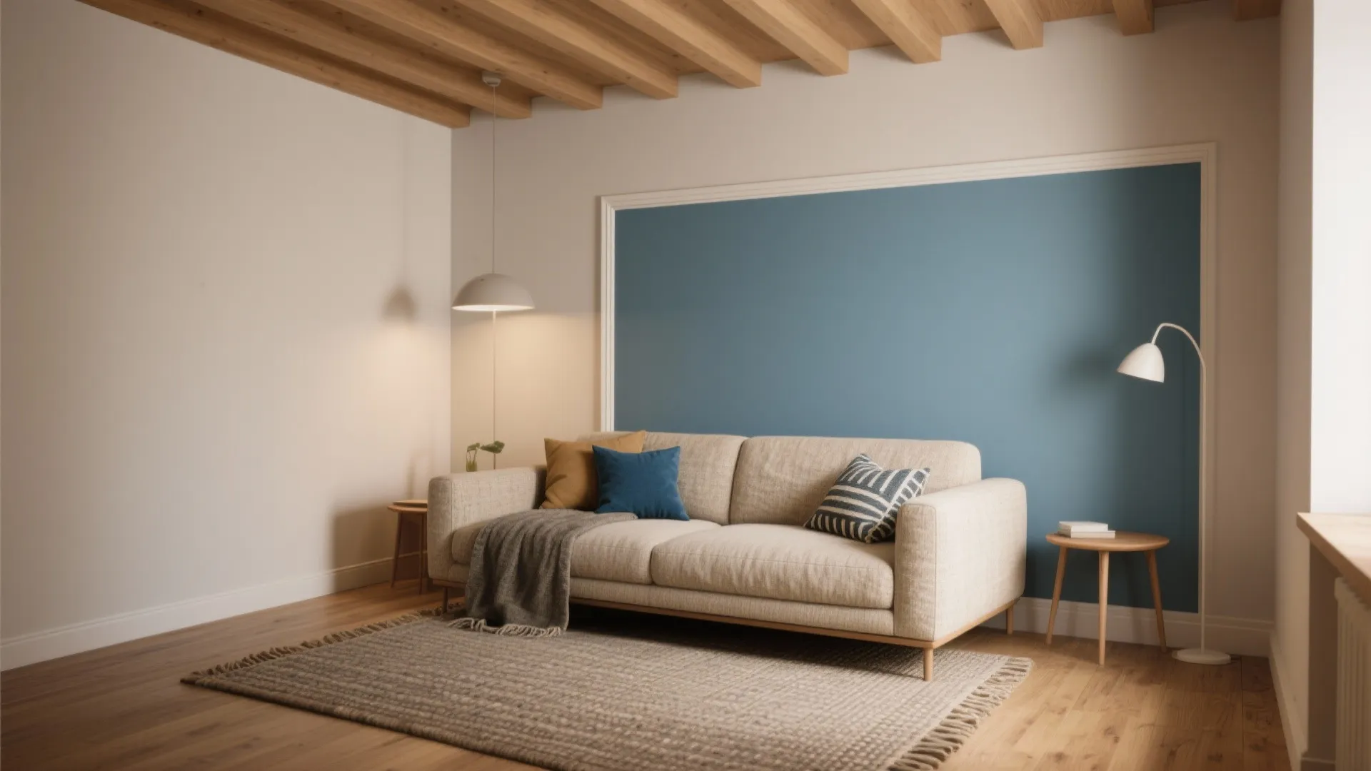 Modern living room featuring a beige sofa blue accent wall wood ceiling and floor lamp