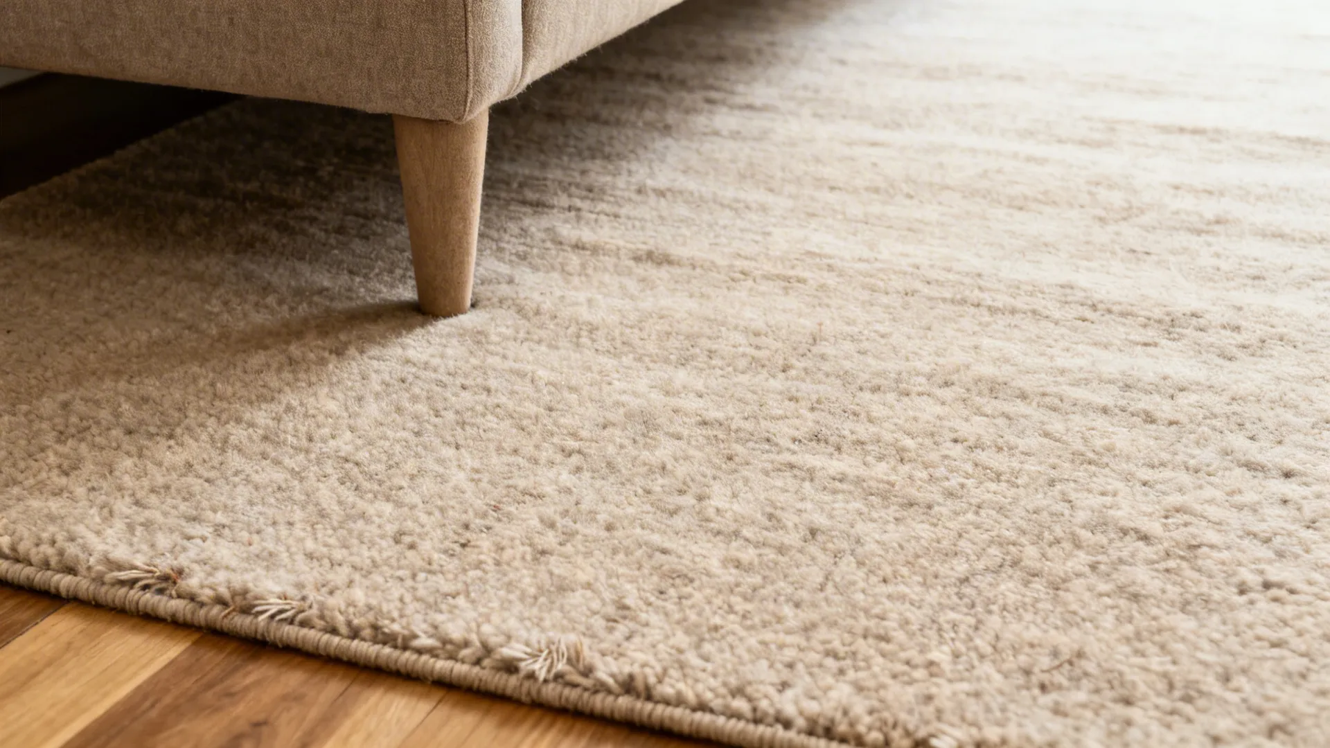 Close up view of a thick textured beige rug placed on a wooden floor surface