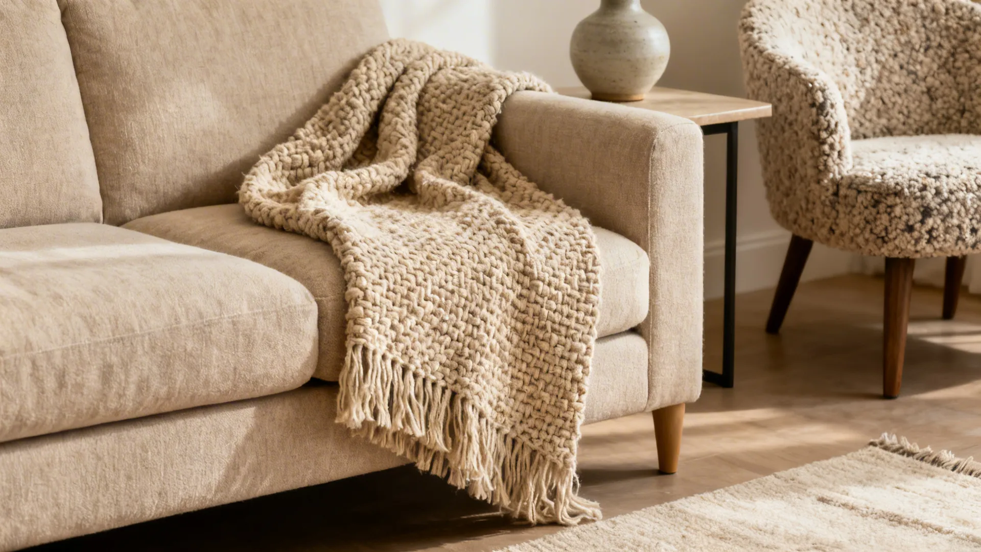 Close-up of a beige sofa with textured throw and boucle chair showing tactile fabrics