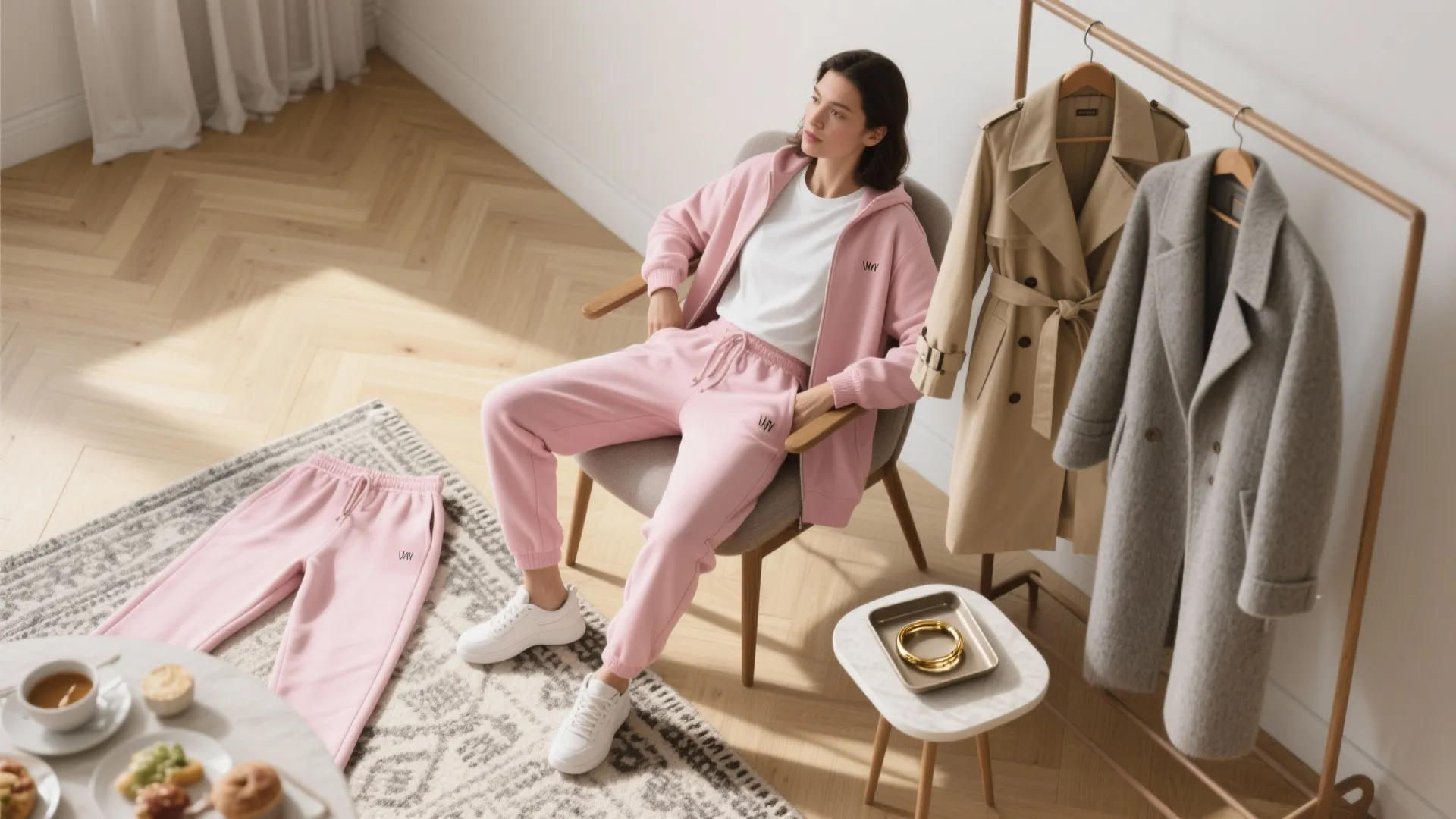Outfit layout of a light pink tracksuit with white tee, beige trench, grey coat and a gold bracelet.