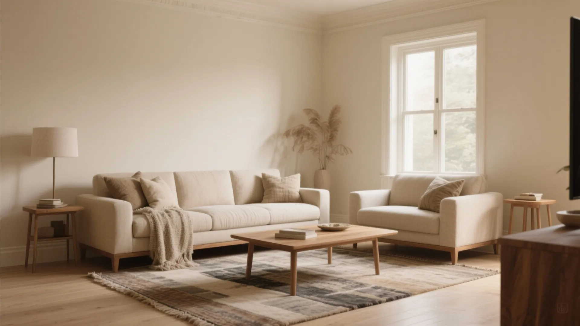 Minimalist cream living room with two beige sofas wooden coffee table patterned rug and natural light