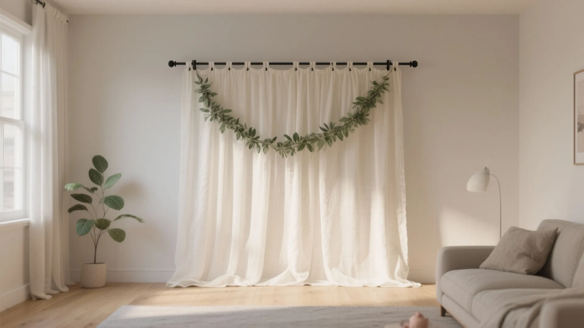 Neutral living room with white curtain wall hanging green leaf garland and grey fabric sofa