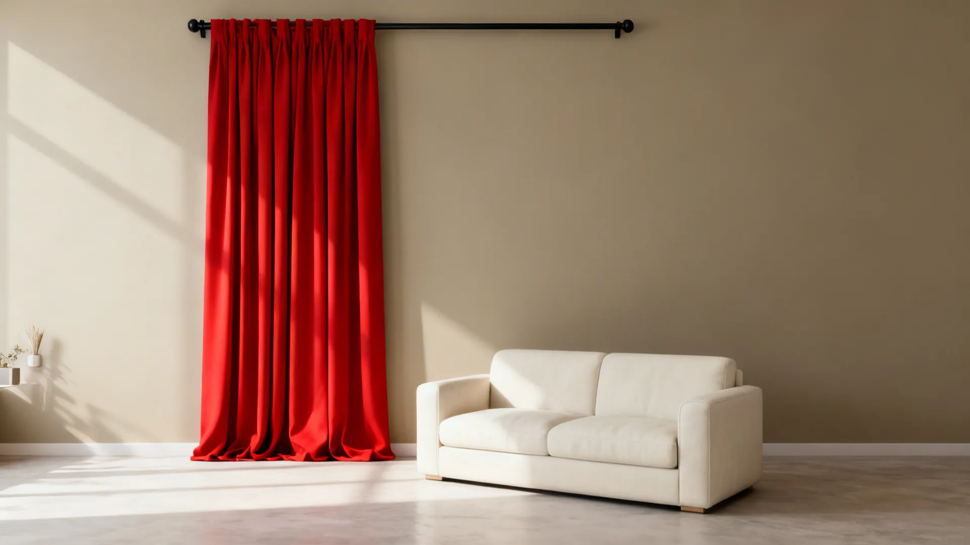 Warm neutral wall with slim black rod and bright red curtains in a small living room