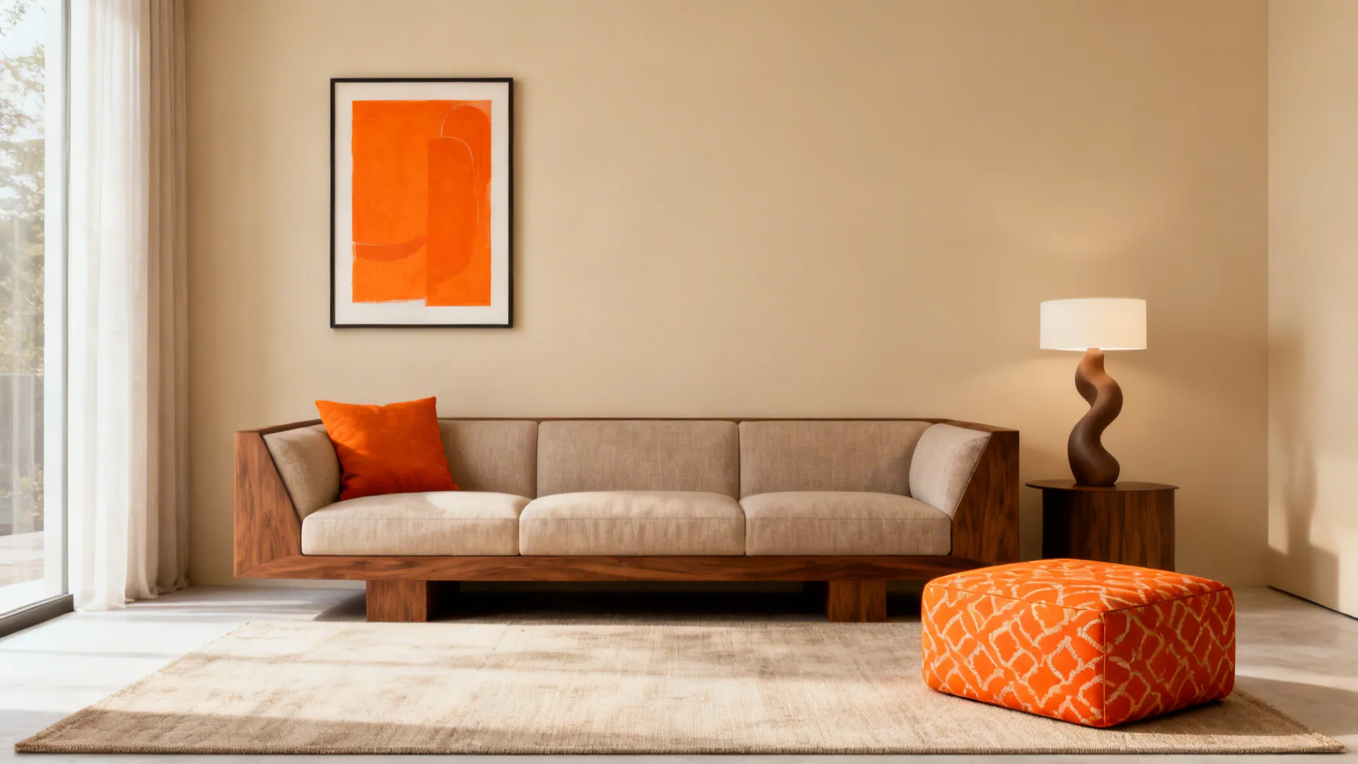 Warm beige living room with walnut sofa and graphic orange accents like art and ottoman.