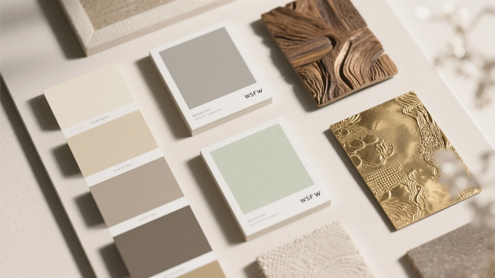Flat lay of neutral wall colors with antique wood and brass accents