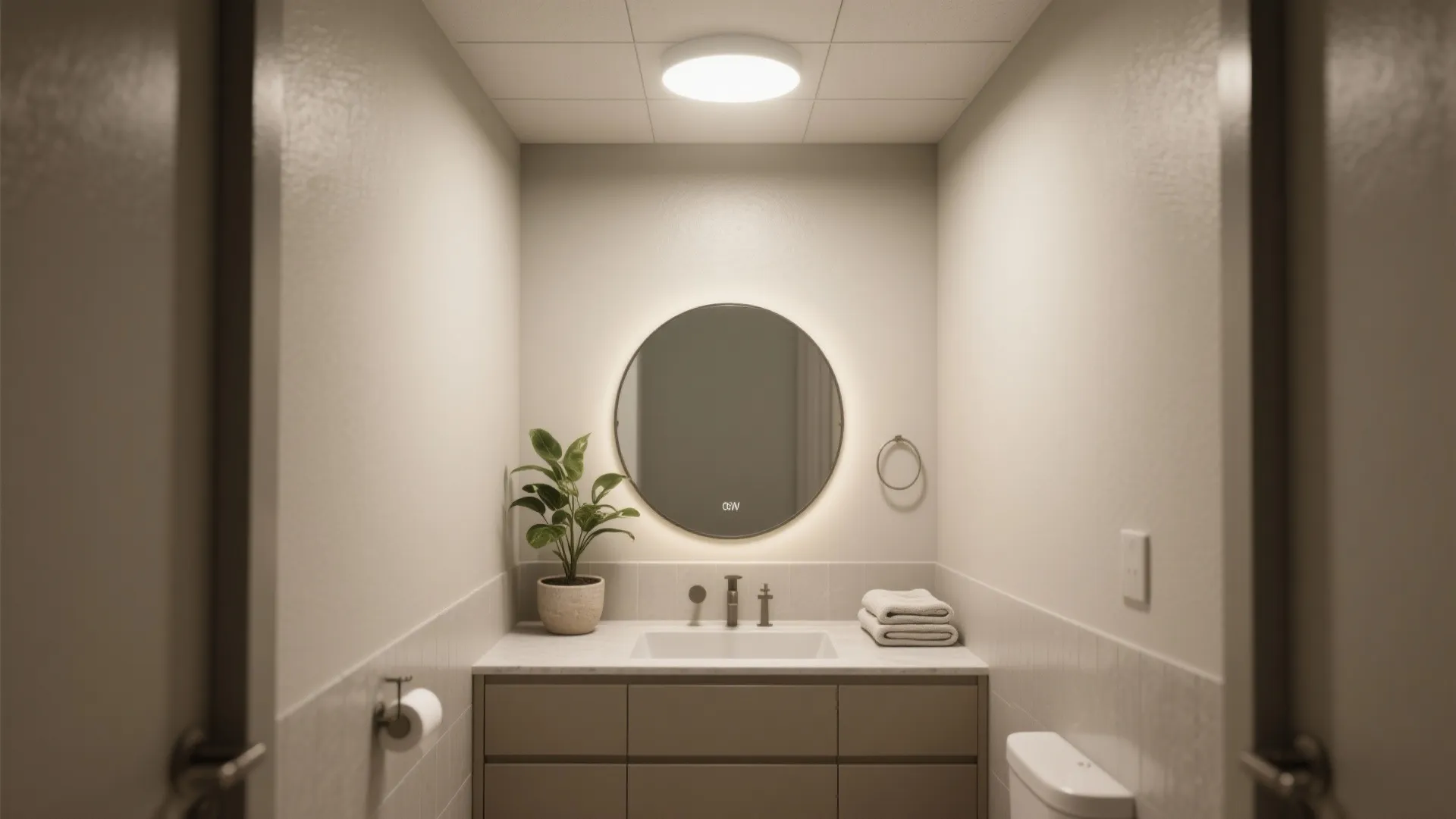 Simple bathroom design with round backlit mirror brown cabinet white sink and a ceiling light