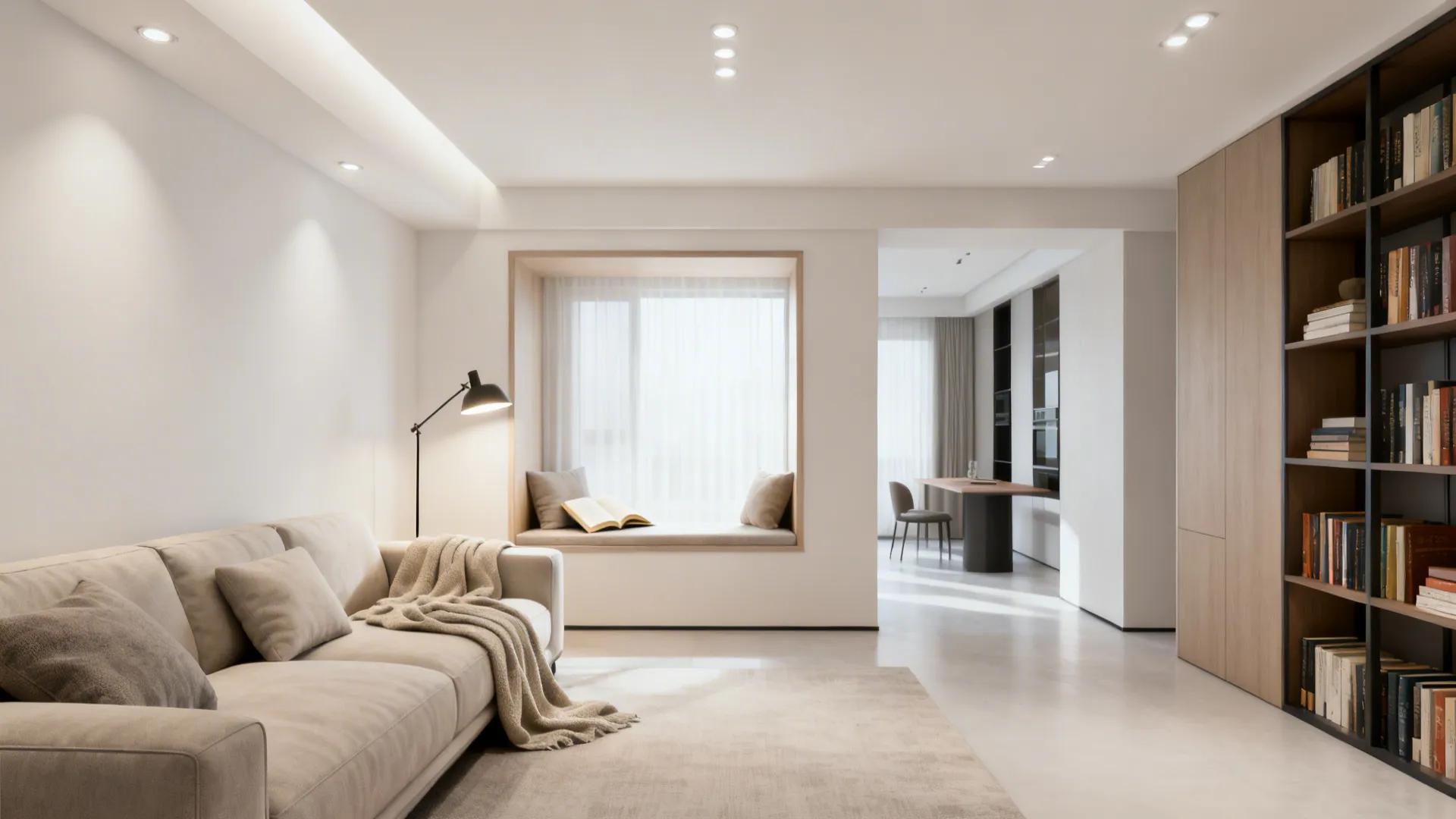 Open living area with neutral 4000K downlights showing balanced color and functionality.