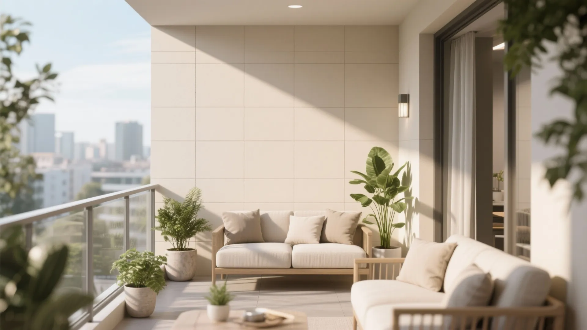 Minimalist sunny balcony with neutral square wall tiles cream sofa green plants and city skyline