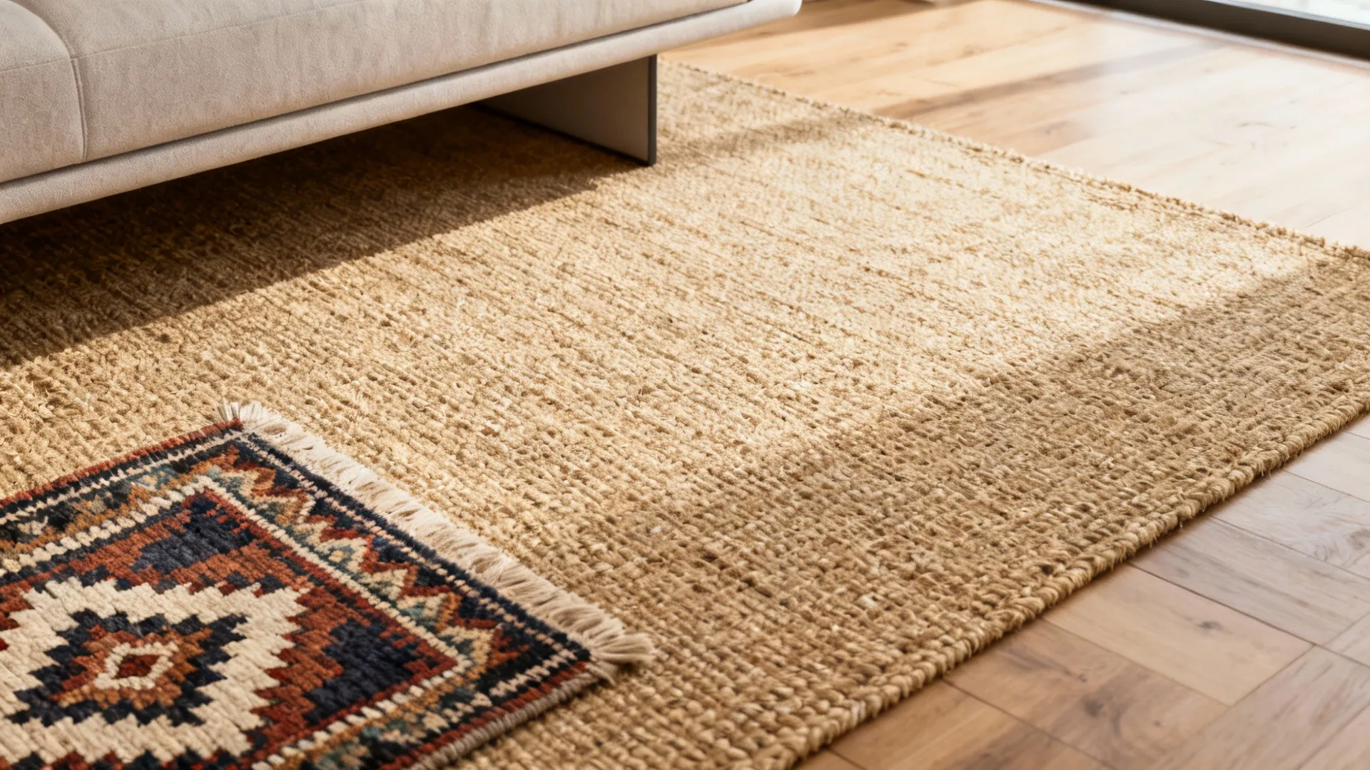 Neutral jute base rug with a smaller patterned wool accent rug layered on top in a living room.
