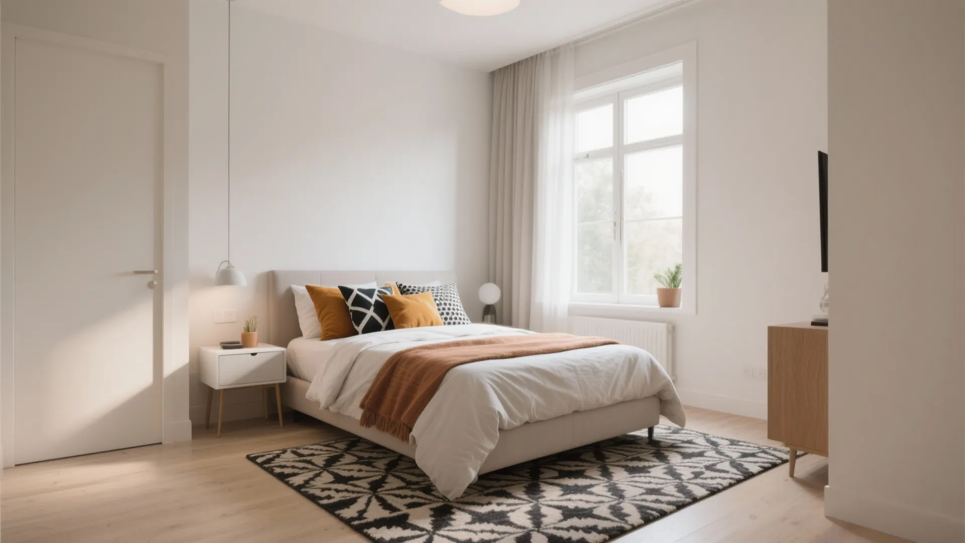 Neutral small bedroom with bold cushions and patterned rug