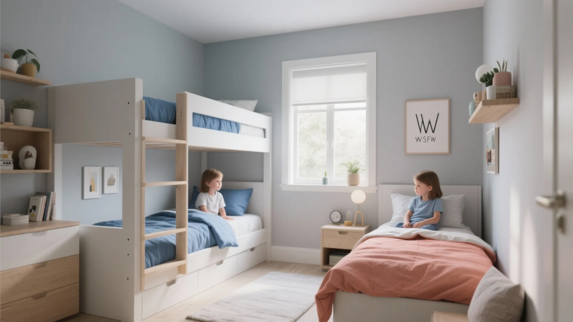 Children in a bedroom with white bunk bed and single bed having blue pink colorful bedding