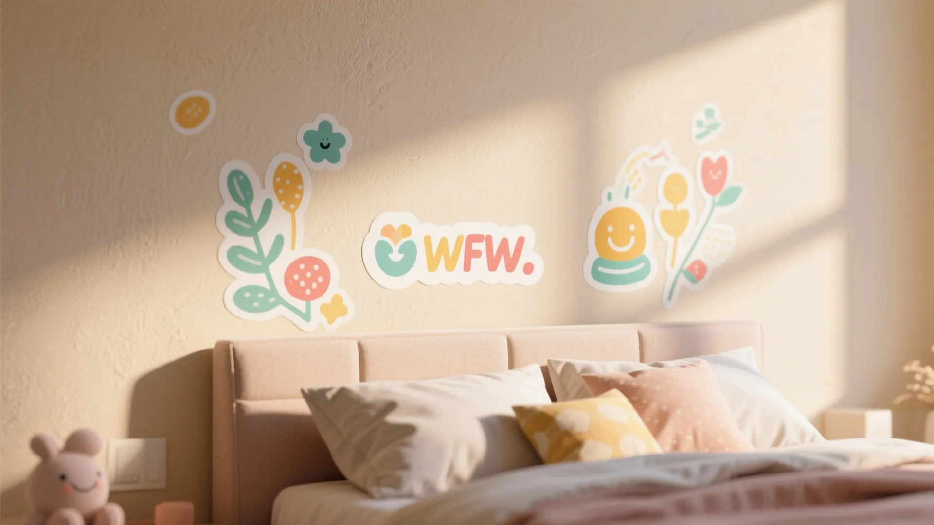 Beige wall with colorful cartoon stickers above a bed with white and patterned decorative pillows