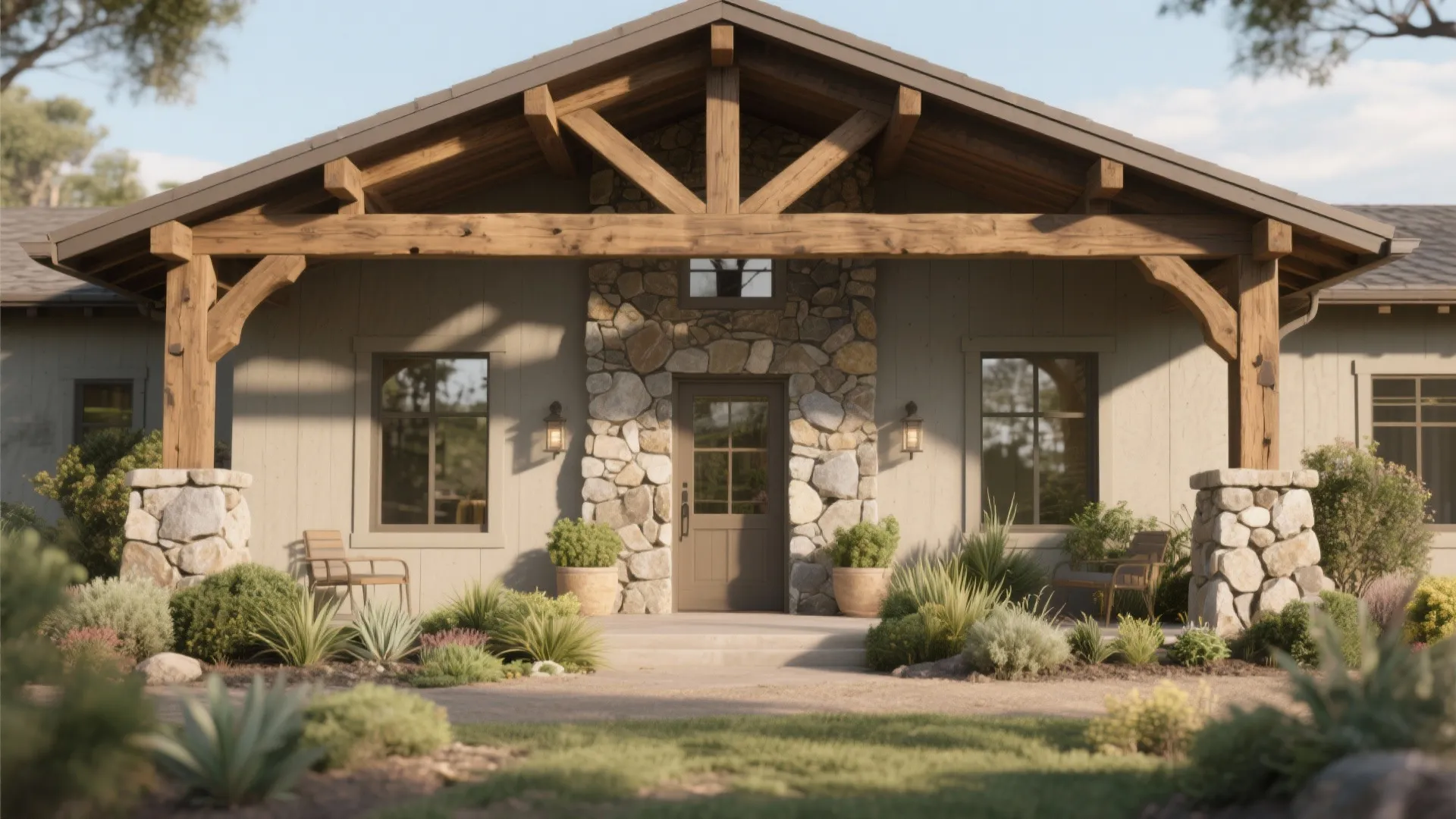 Front porch of a house with stone walls wooden beams green plants and two simple chairs