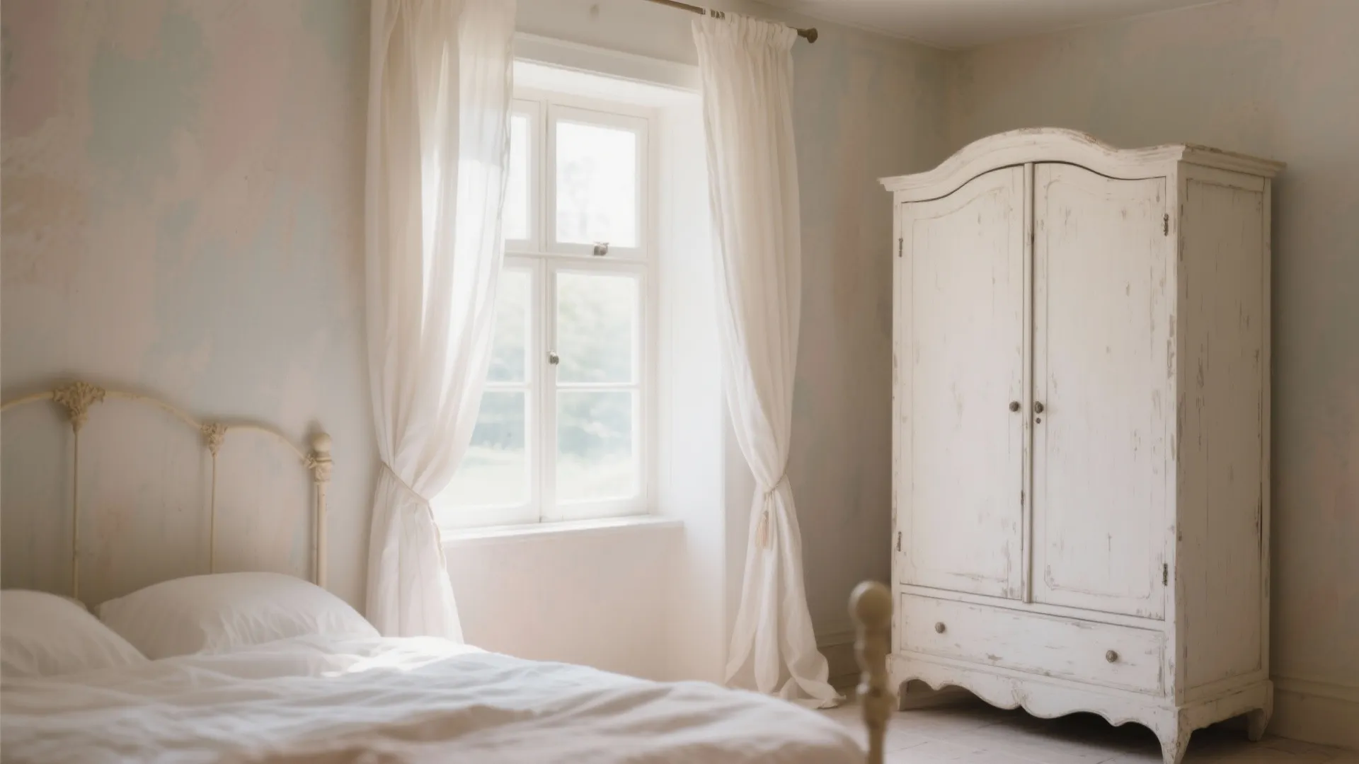 Shabby chic bedroom with antique white wardrobe and linen curtains