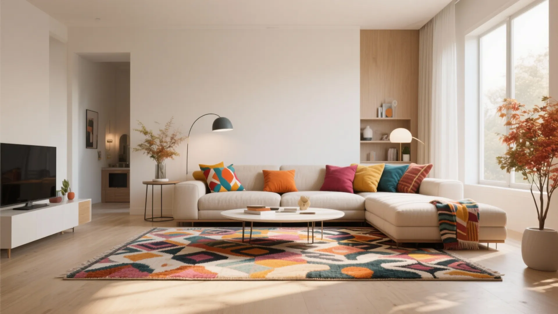 Bright living room with white sofa, colorful pillows, patterned rug, floor lamp, and potted plant