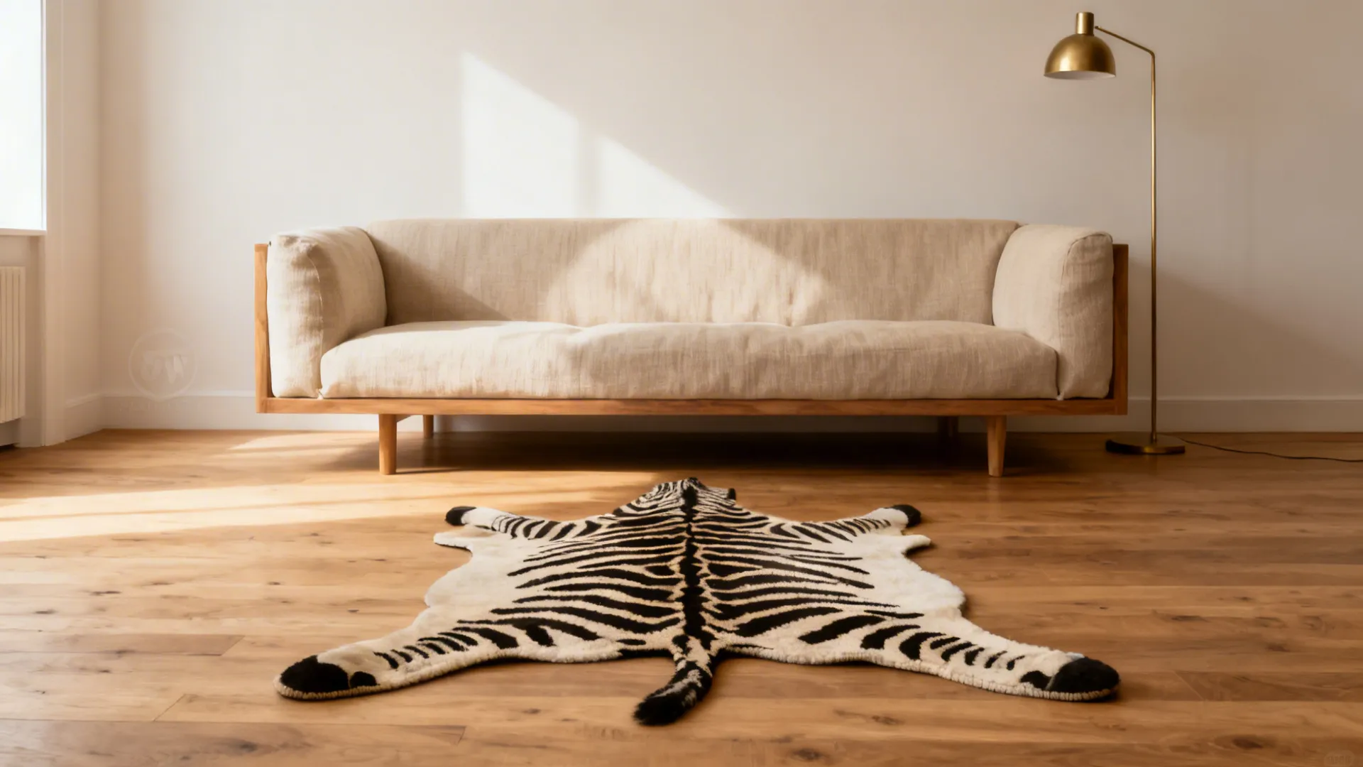 Neutral living room with beige sofa and a single bold zebra rug as focal point.