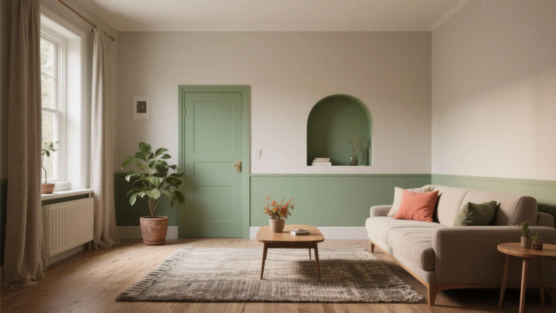 Small living room with a warm greige base wall and a single muted-green painted niche, seasonal accents and natural light.
