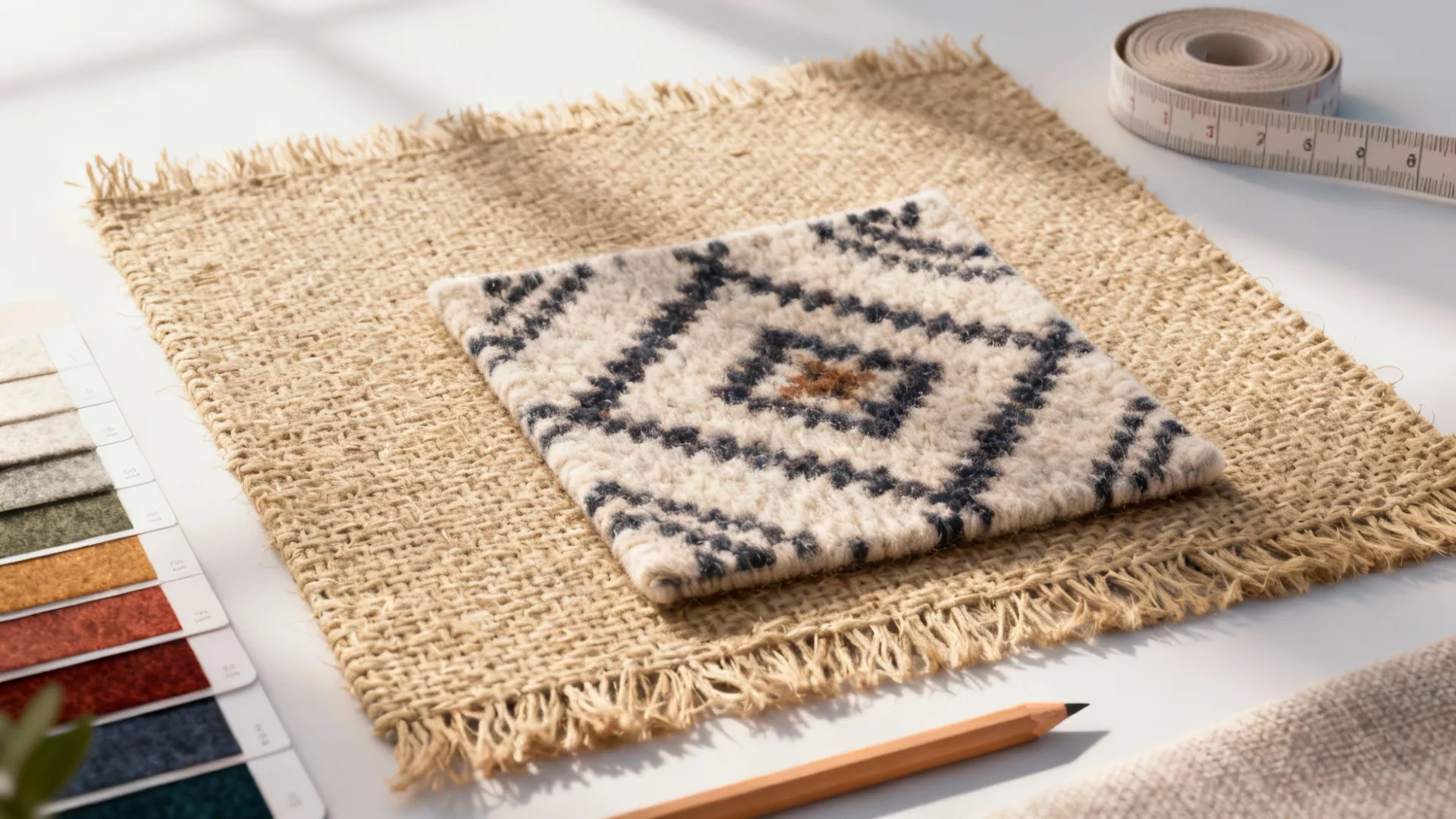 Small patterned rug sample on larger beige rug with measuring tape and pencil on desk