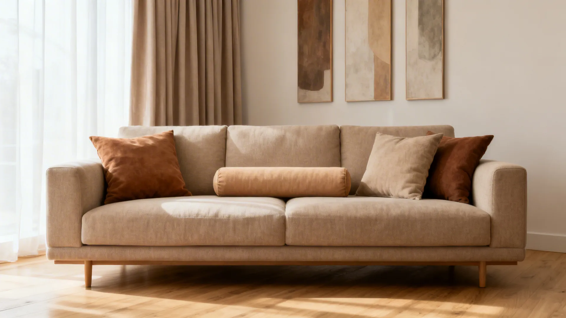 Neutral sofa with a few muted accent pillows and vertical art that draws the eye upward.