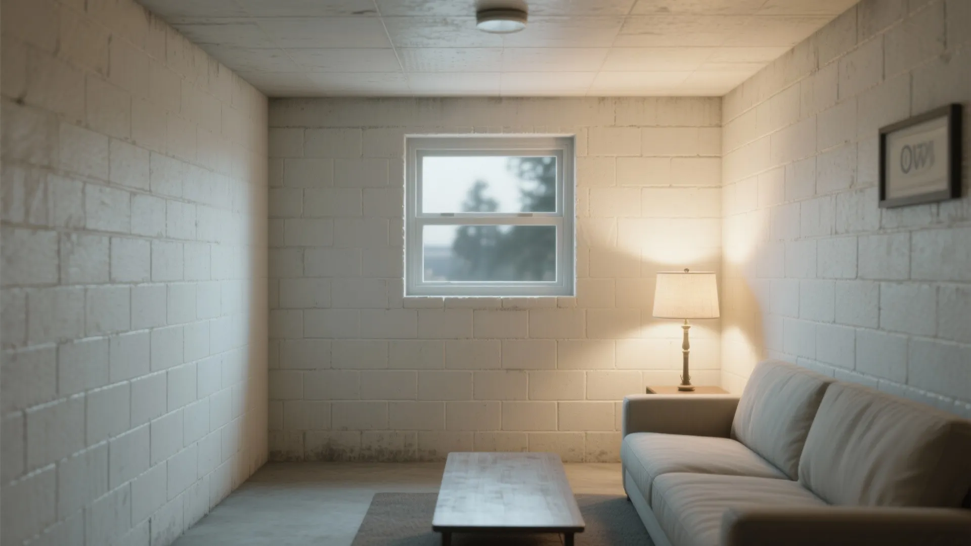 Small basement nook with warm light-gray painted cinder block walls, satin finish, and soft natural lighting.