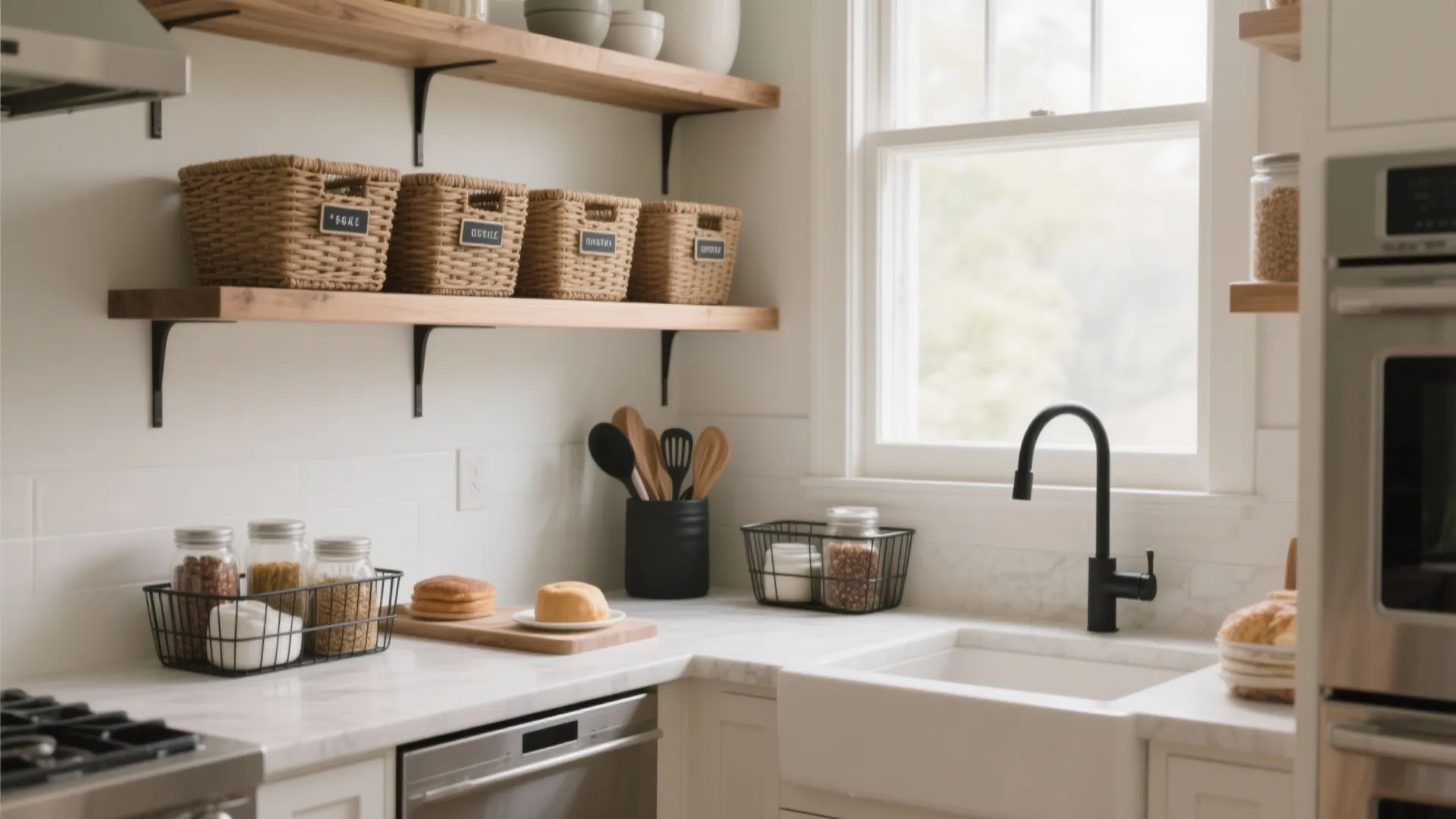 Modern kitchen featuring wooden wall shelves, woven storage baskets, white sink, black faucet, and countertops
