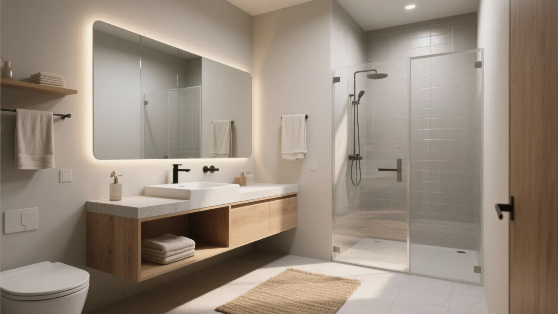 Contemporary bathroom design with wooden cabinet white sink backlit mirror glass shower door and tiles