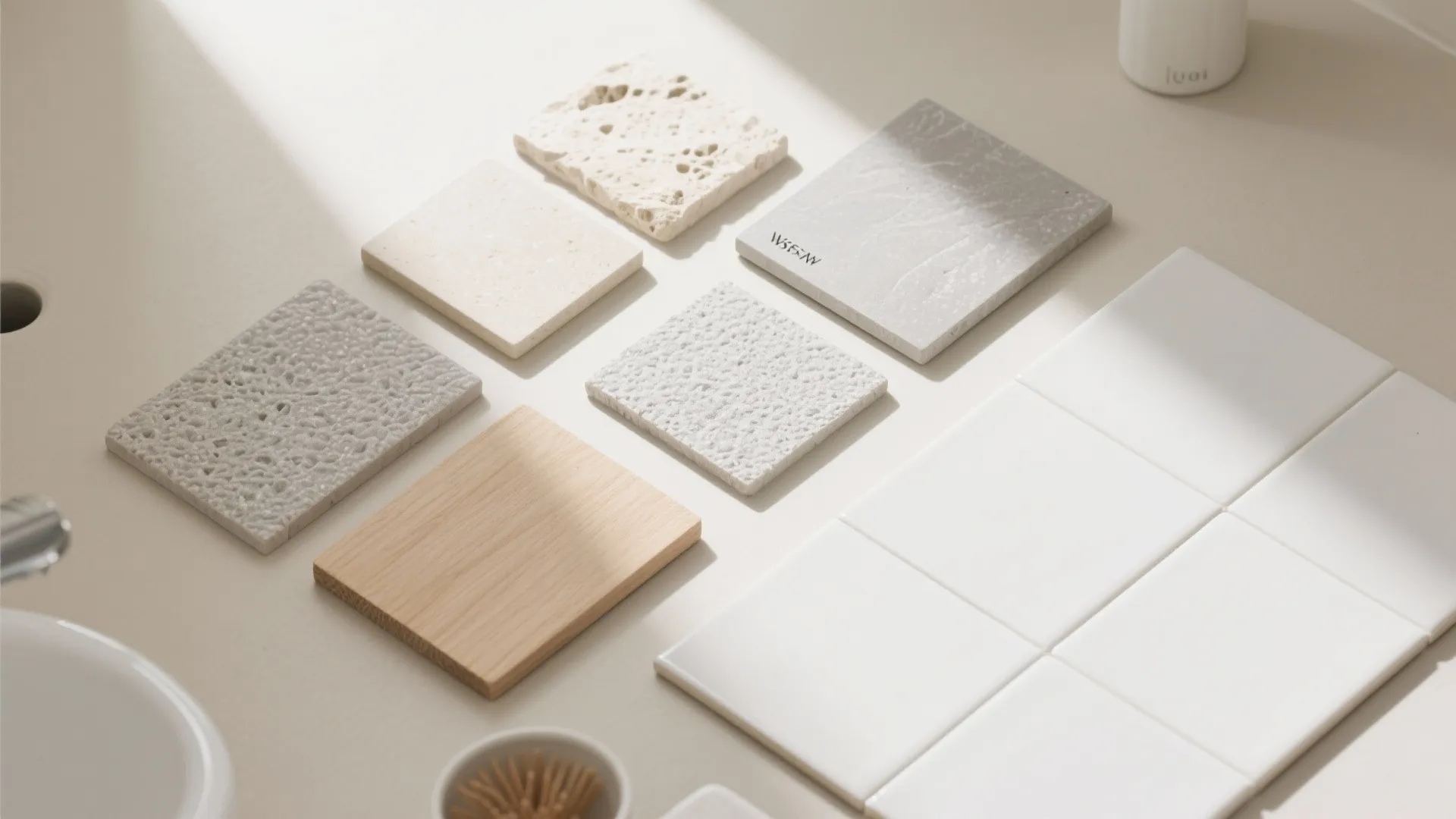 Various material samples including stone wood and white tiles for a bathroom interior design project