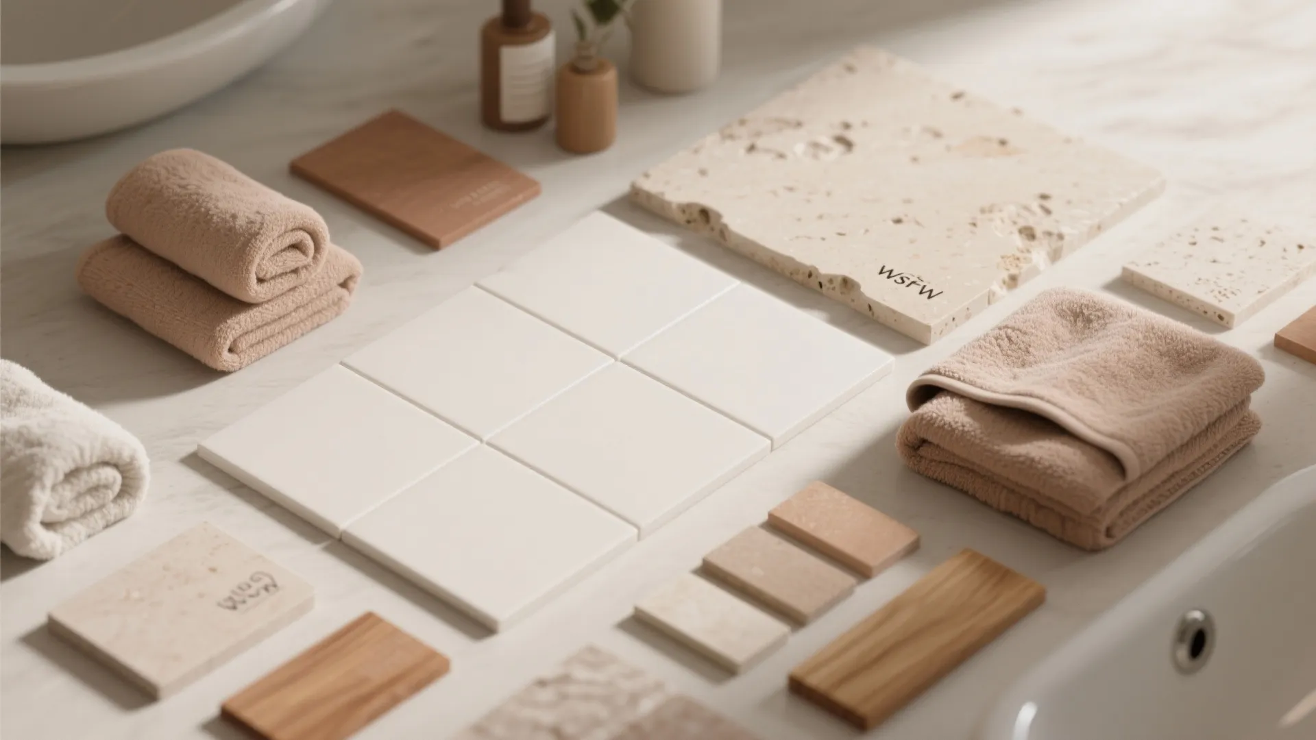 Material board featuring white tiles beige towels wood samples and natural stone for bathroom design