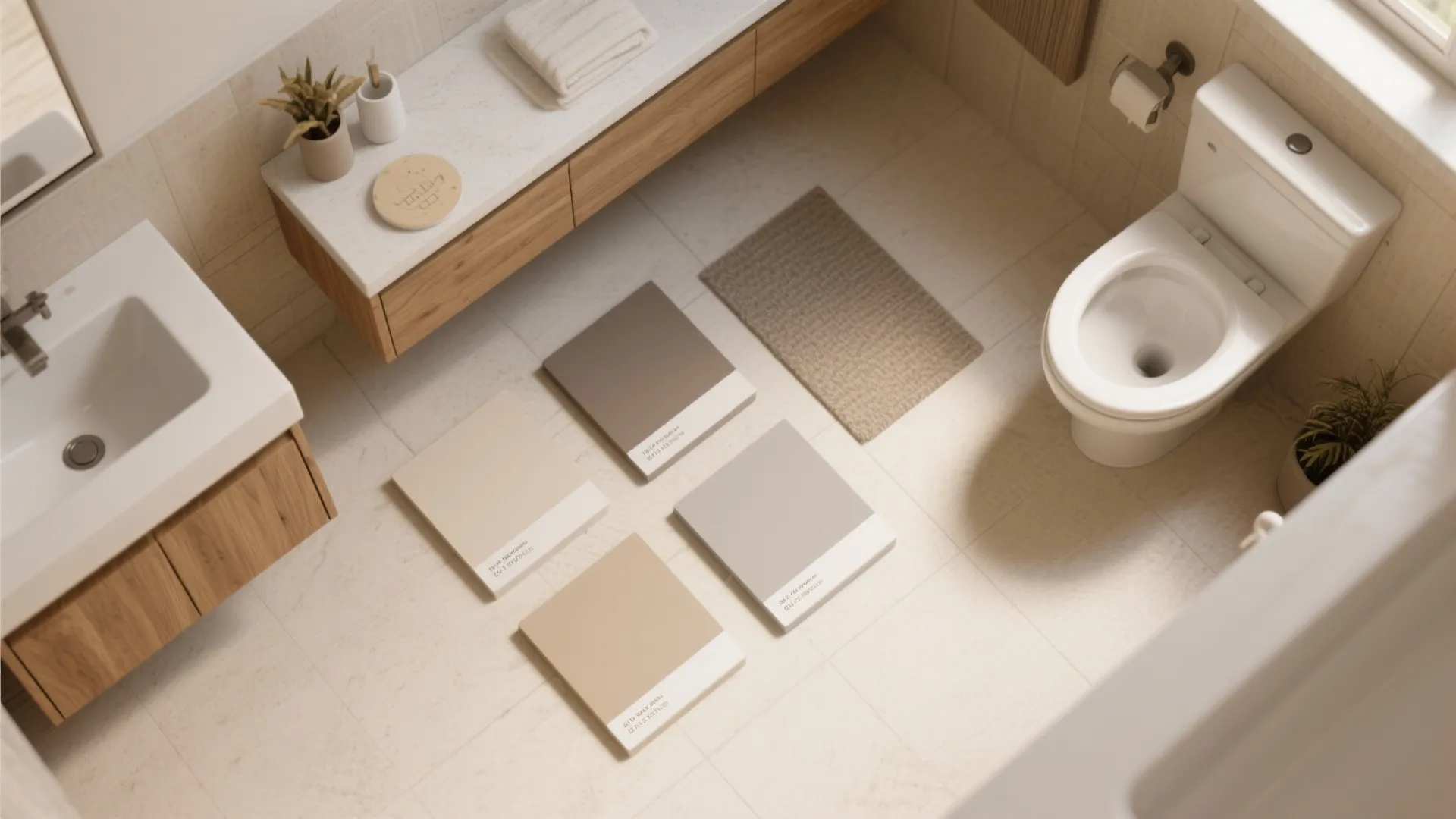Top view of bathroom layout showing neutral color swatches on floor near toilet and sink