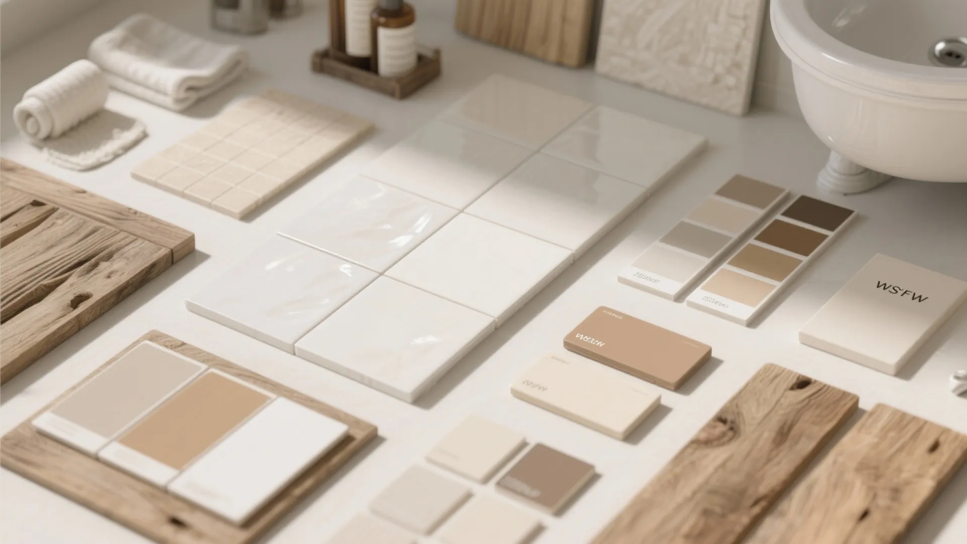 Neutral bathroom material board with white tiles wooden samples and beige color swatches on table