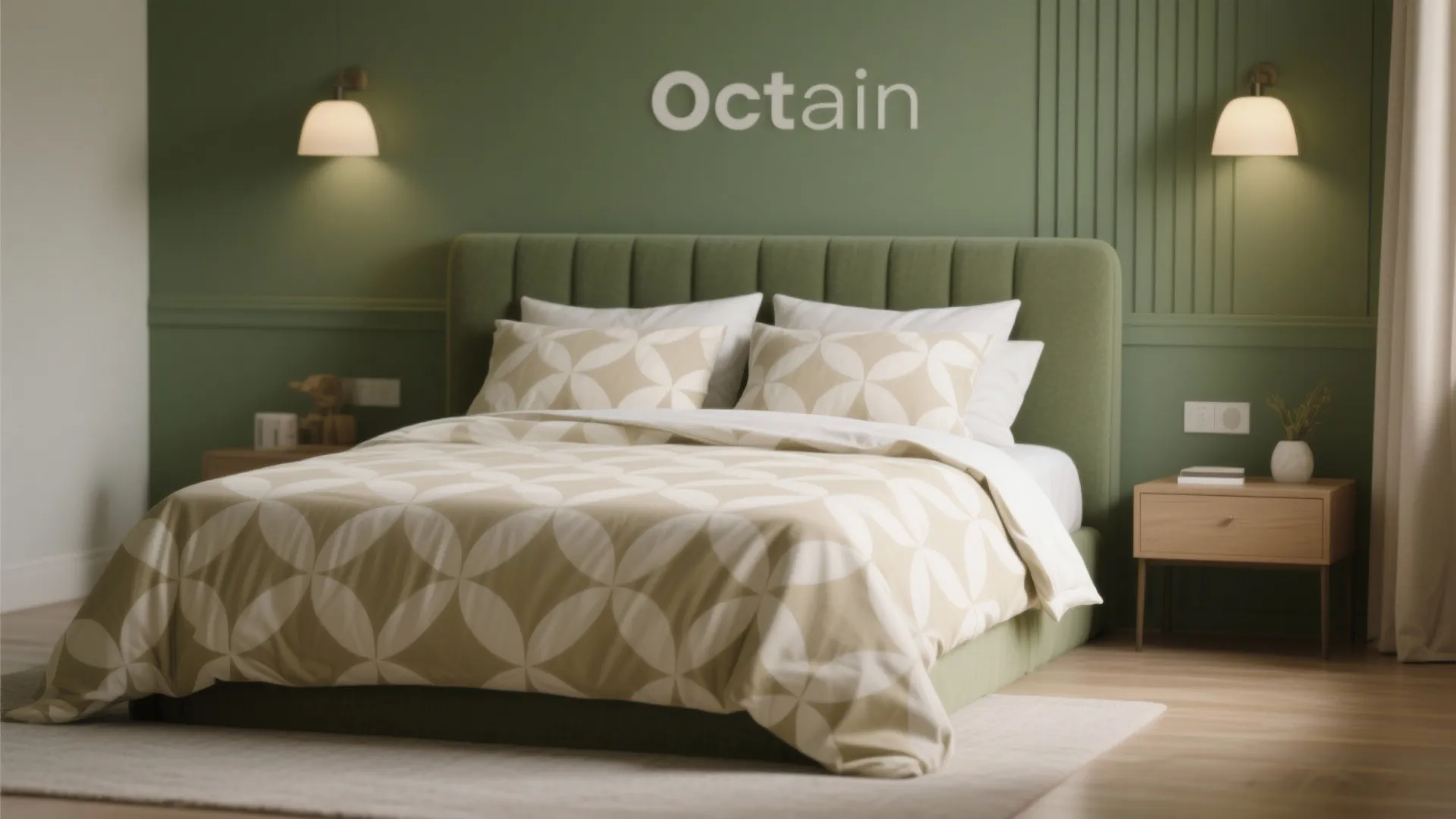 Khaki green bedroom with patterned beige and cream bedding