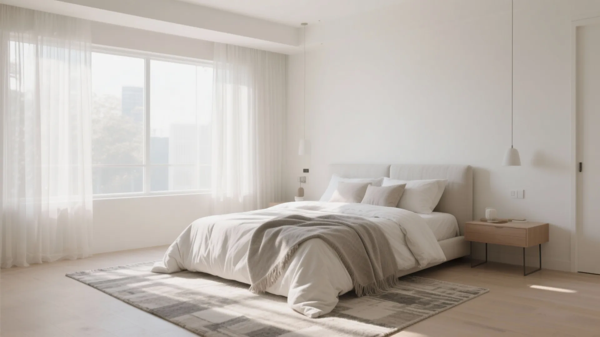 Bright minimalist bedroom with white walls wooden floors large window light colored bed and rug