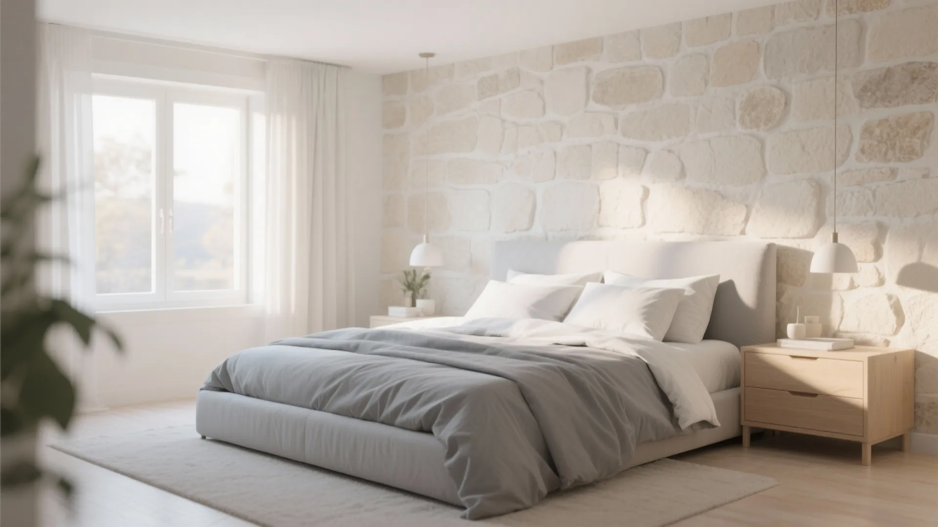 Bright minimalist bedroom with stone wall grey bed wooden nightstand white curtains and natural light