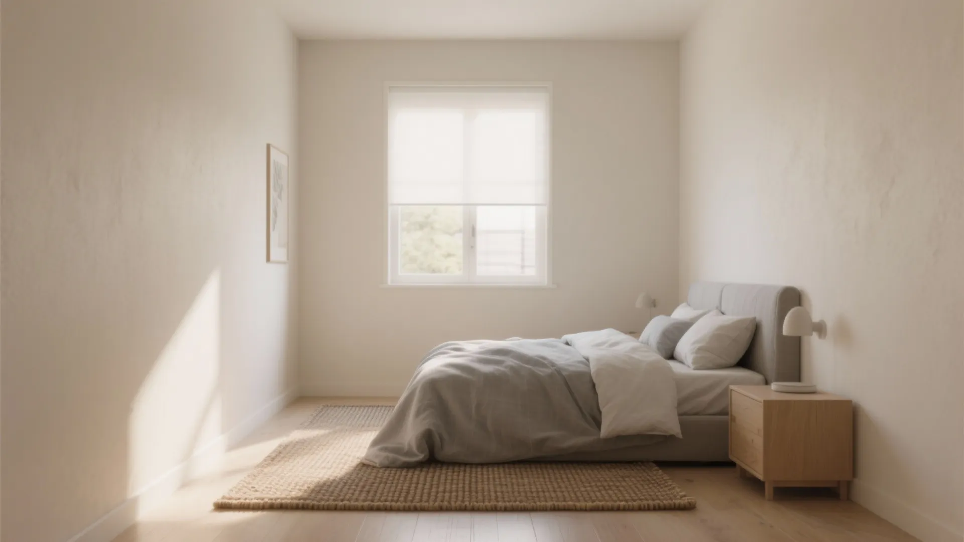 Minimalist bedroom featuring neutral tones with a grey bed wooden nightstand and soft natural sunlight