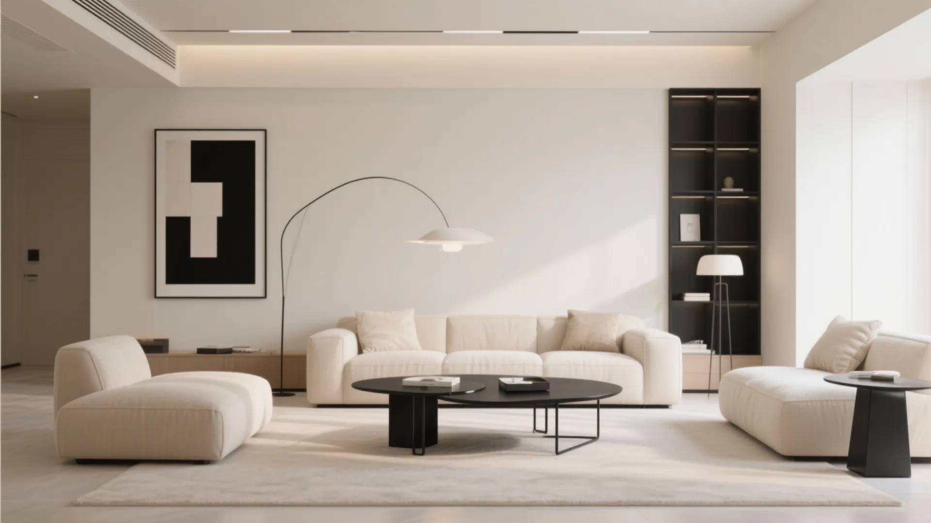 Neutral living room with subtle black accents