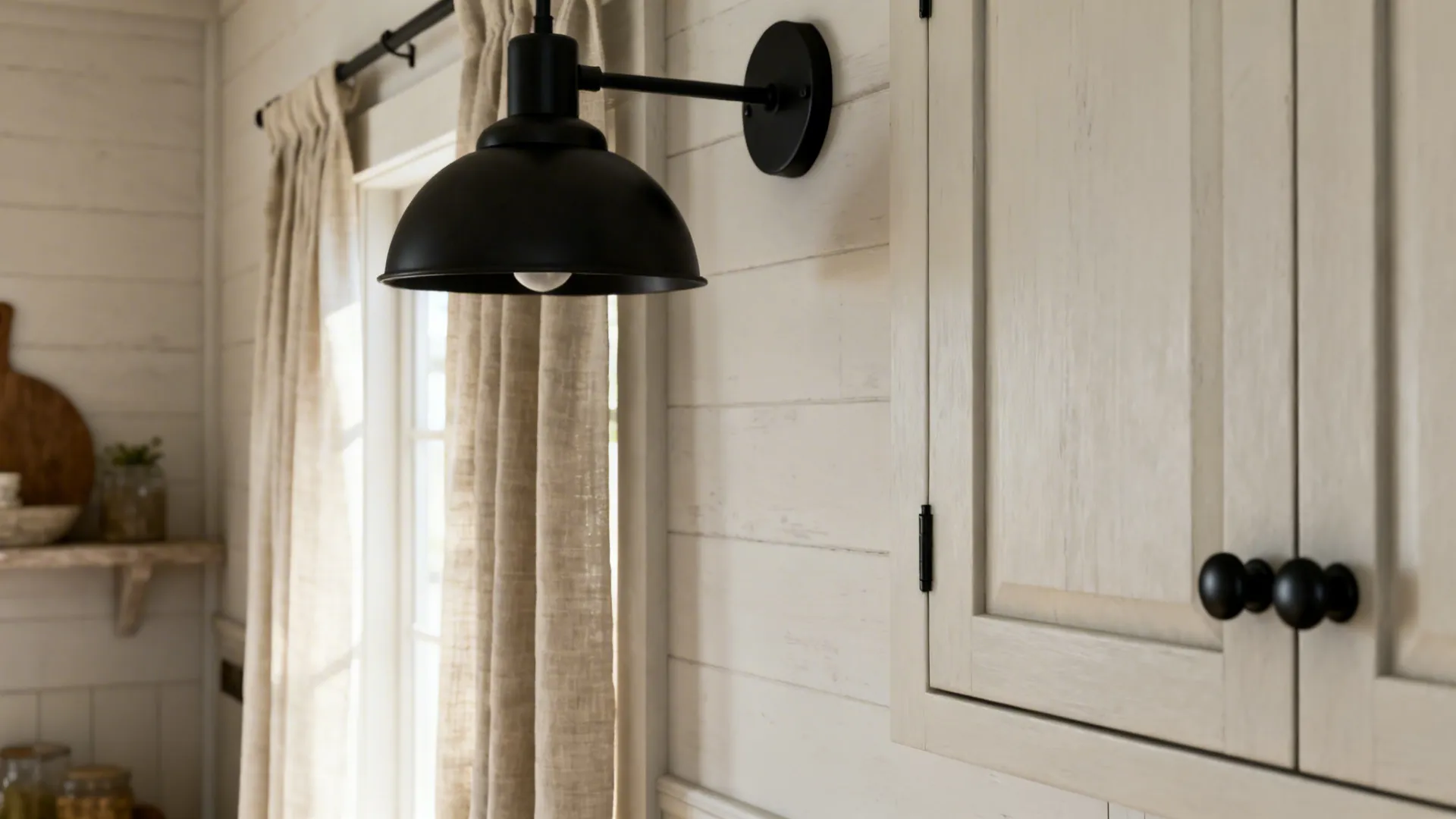 Black wall light mounted on white wall panels next to a cabinet and beige curtains