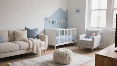 Calm Nursery & Living Room Combo with Blue Accent Wall