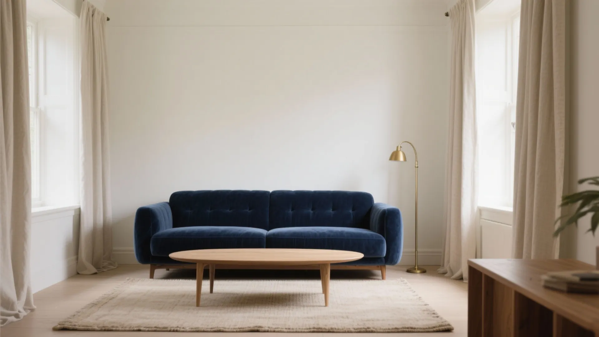 Minimalist white living room featuring navy blue sofa, wooden coffee table, gold lamp, and curtains