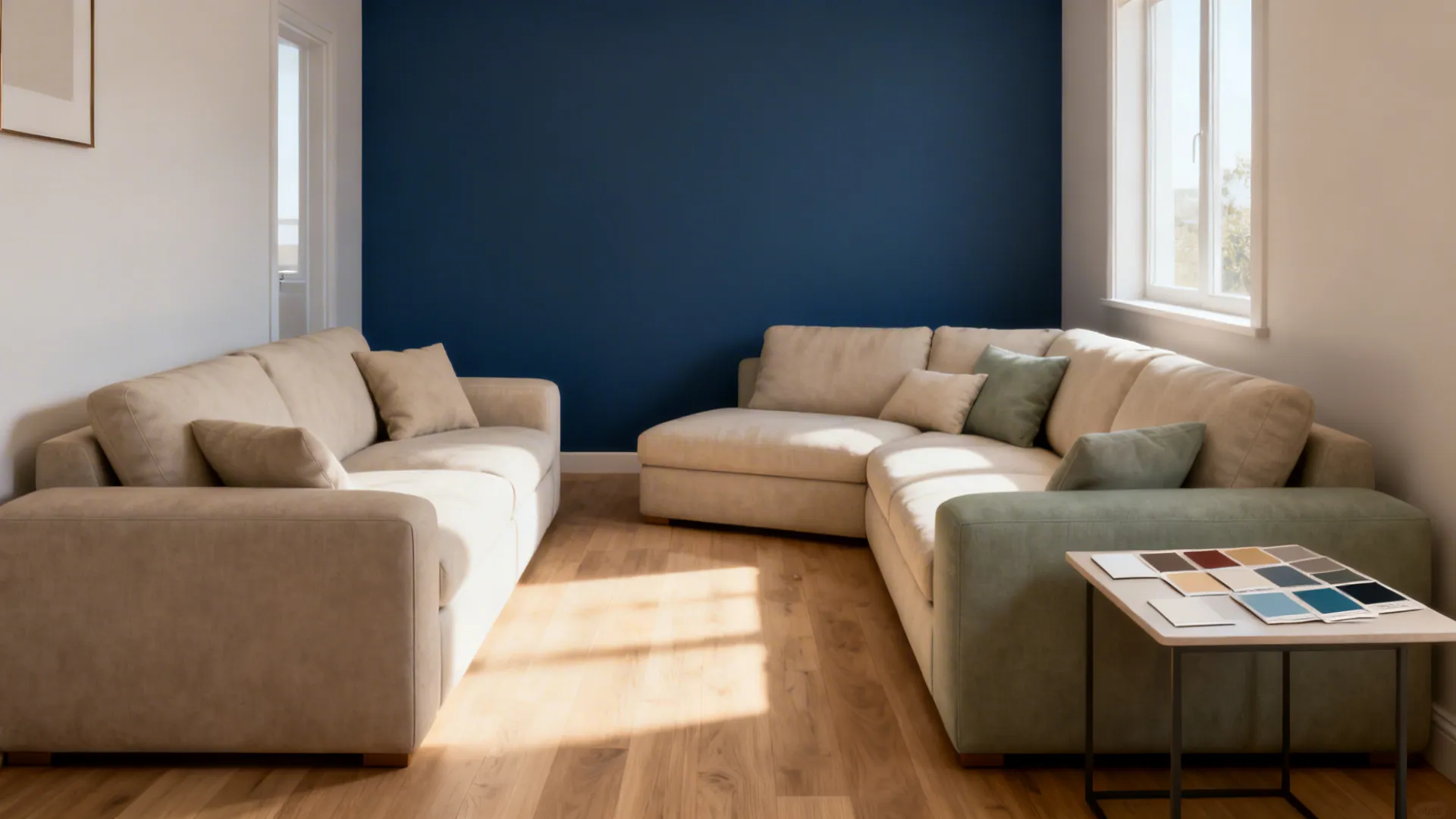 Compact living room with warm neutrals and a single deep blue accent wall
