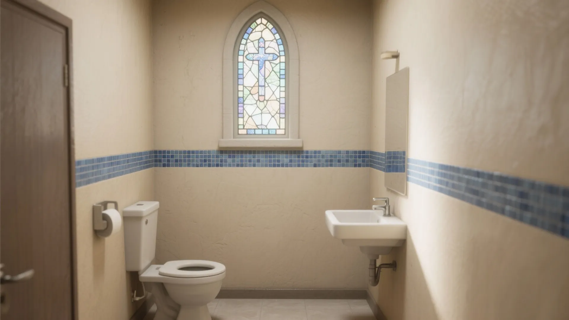 Neutral sand-colored bathroom with subtle blue mosaic accent tiles