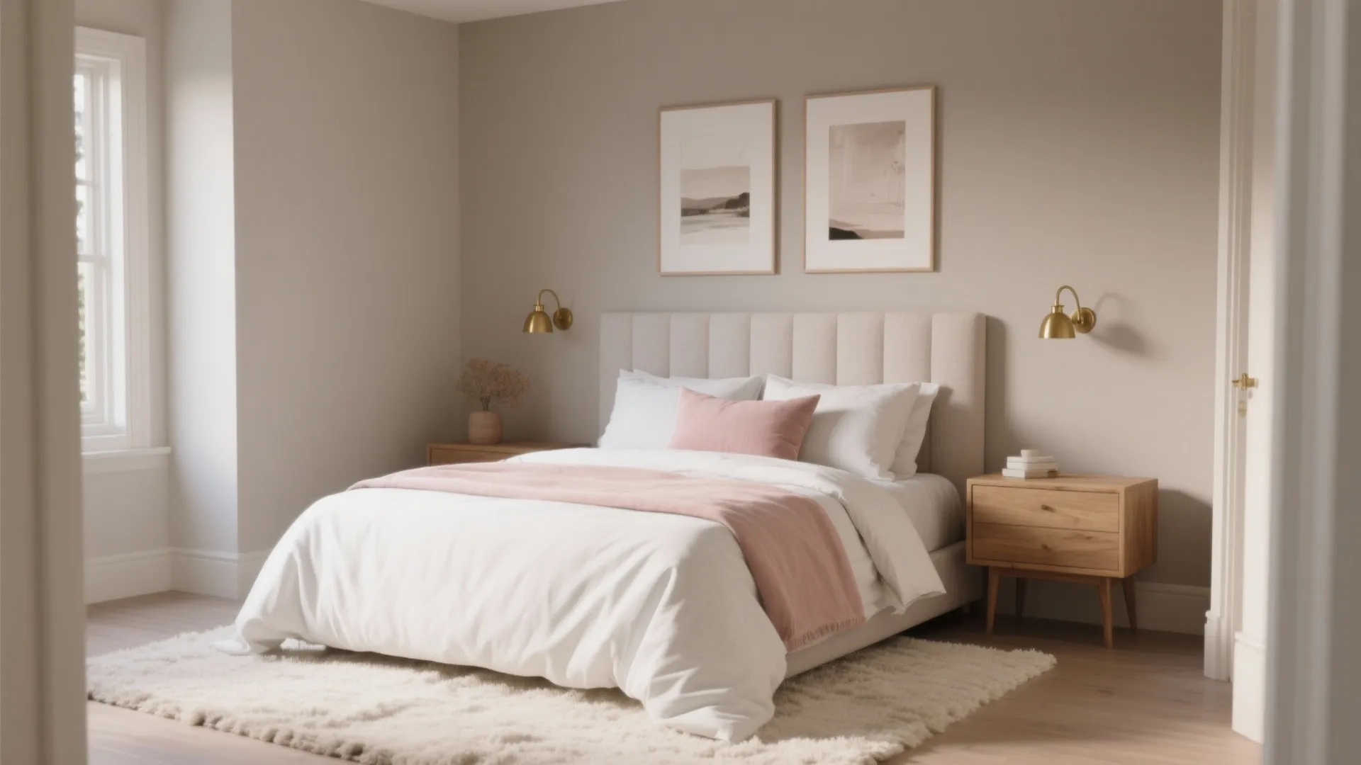 Neutral bedroom with pink pillows white bedding wooden side tables gold wall lights and beige rug