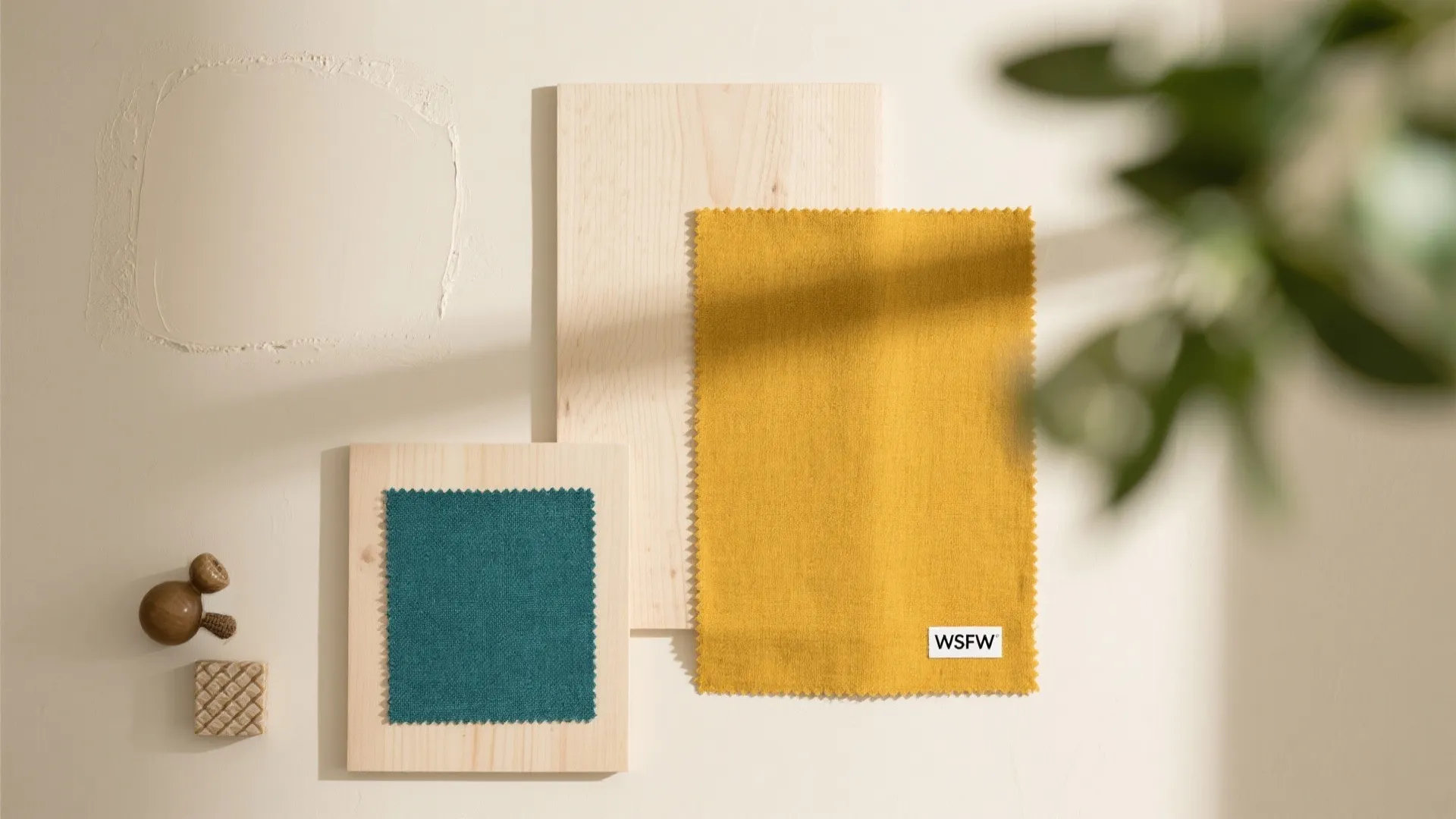 Mood board showing yellow fabric swatch blue fabric swatch wood panels and neutral paint on wall