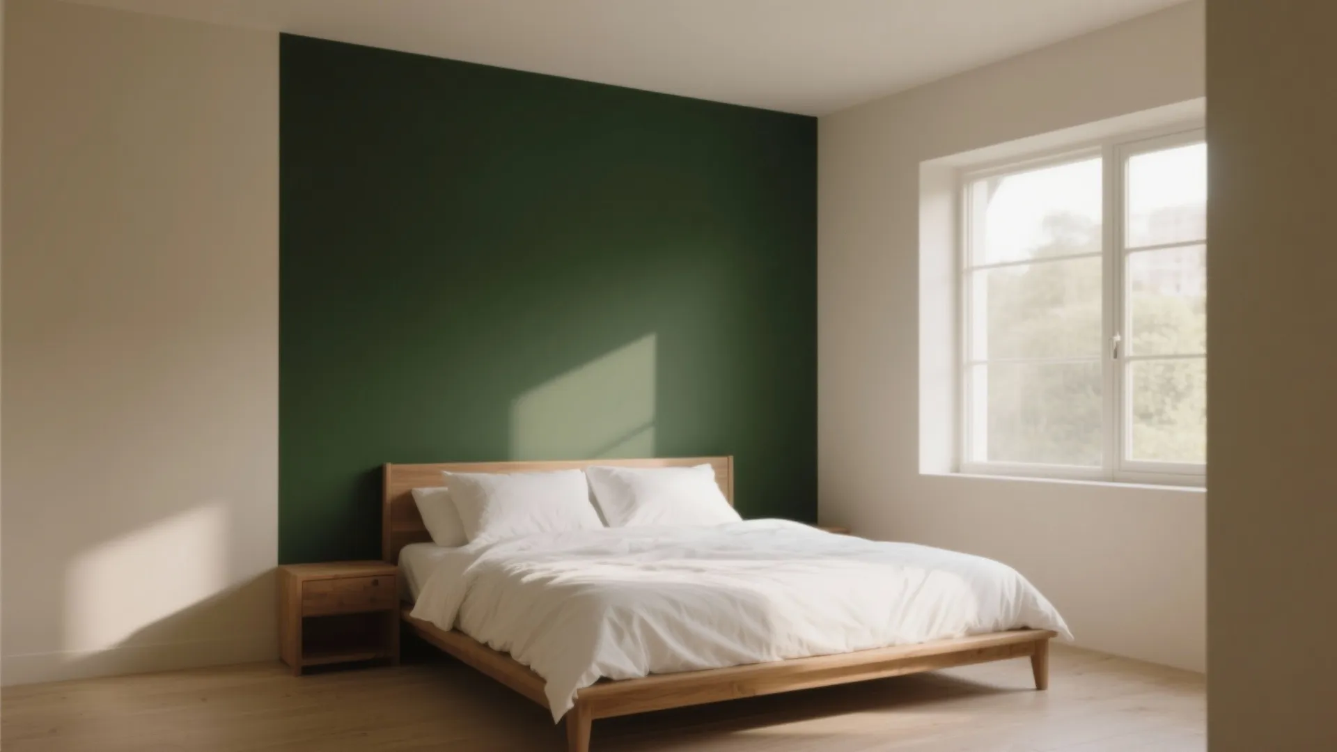 Modern bedroom with a dark green accent wall behind a wooden bed and white bedding