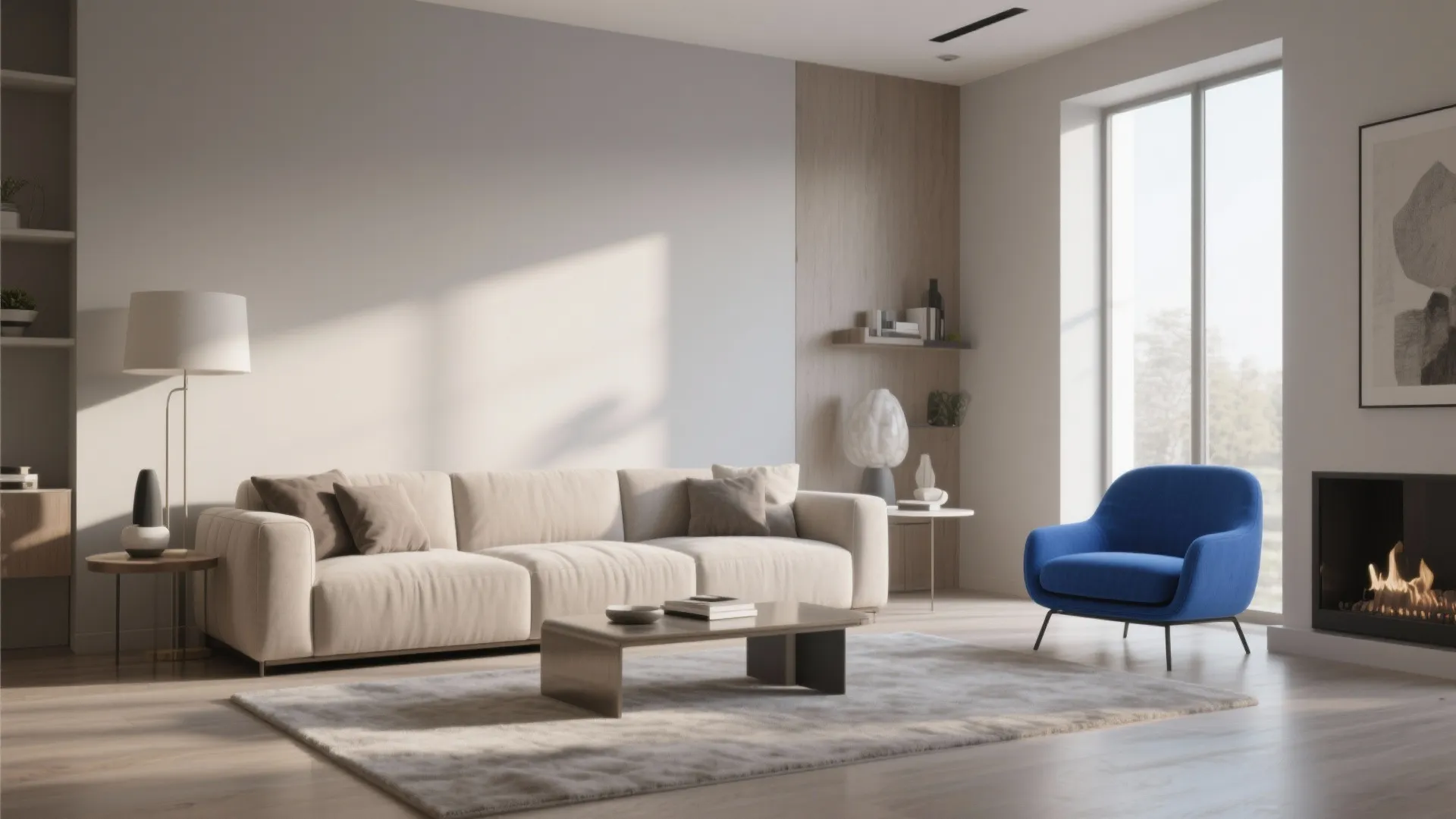 Modern living room with beige sofa blue chair coffee table fireplace and warm natural sun light
