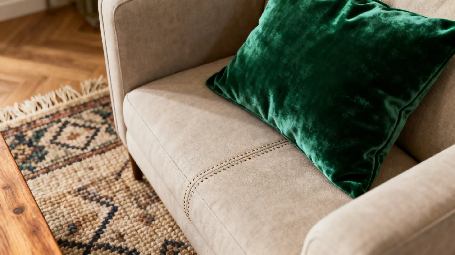 Neutral sofa with a jewel-tone green velvet cushion and patterned rug detail.