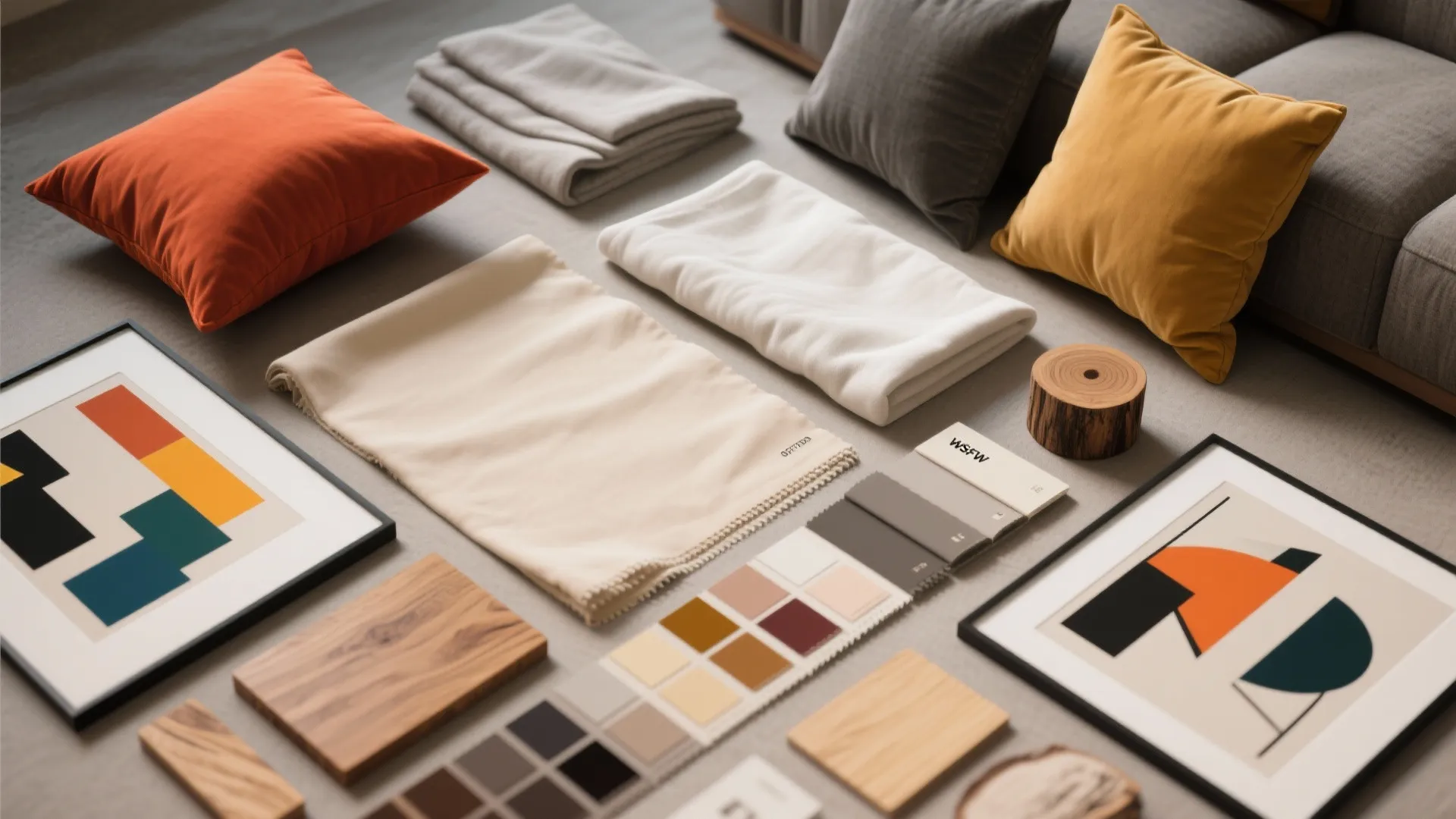 Interior design mood board with colorful pillows fabric samples wood flooring pieces and framed art