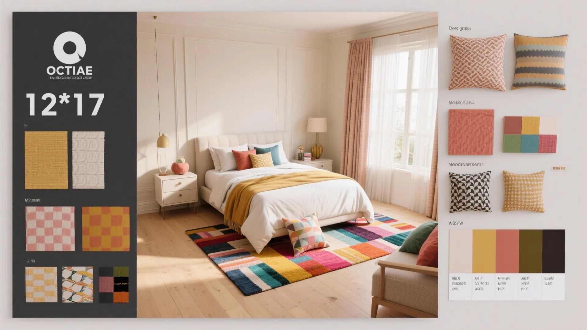 Flatlay with neutral base tones and bold accent materials for bedroom design