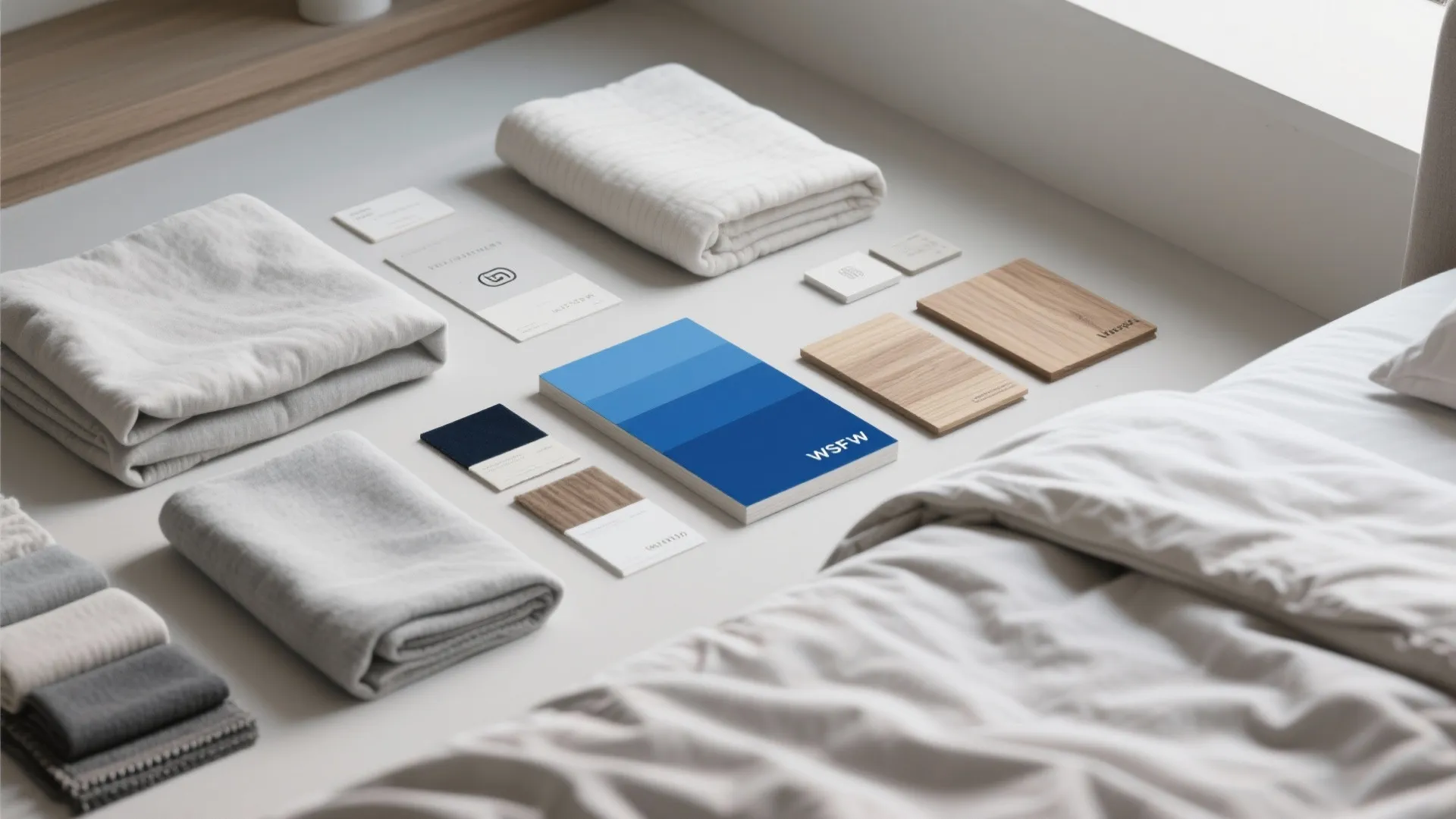 Interior design mood board with wood samples, blue color palette, fabric swatches, and white towels